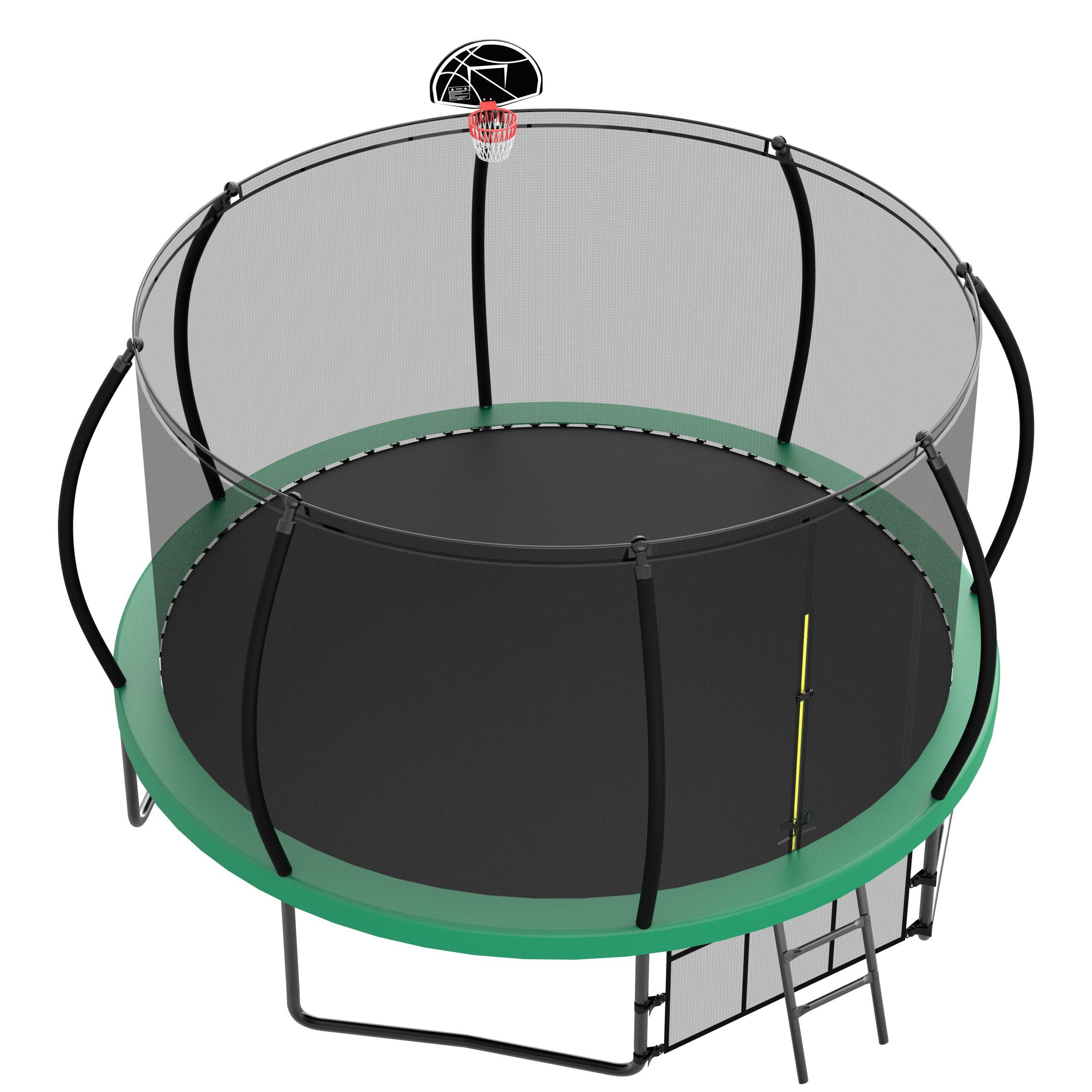 12FT Round Trampoline with Basketball Hoop for Kids, Outdoor Recreational Trampolines with Safety Enclosure Net & Ladder, 880 LBS Weight Capacity, Green