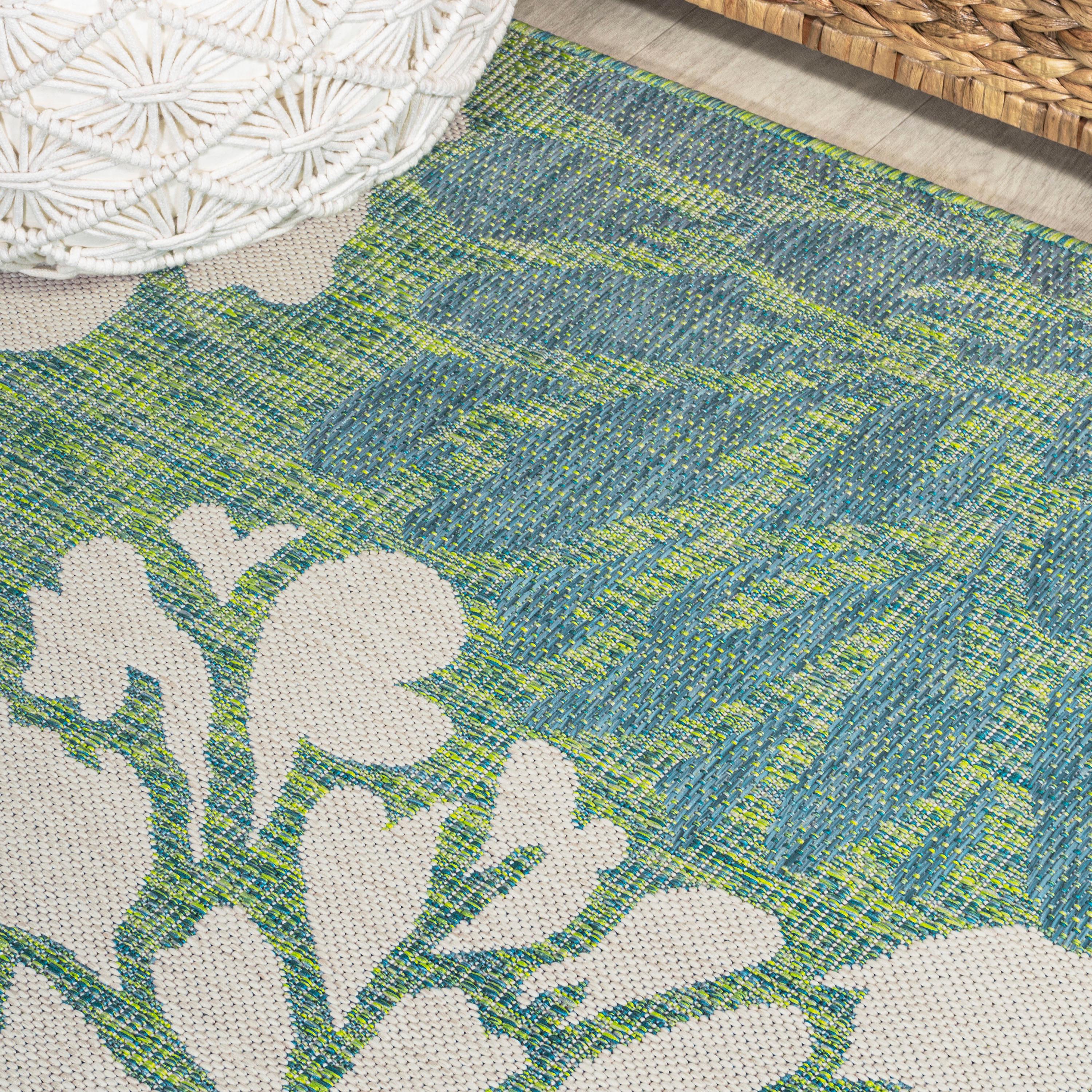 2' x 10' Zinnia Modern Floral Textured Weave Indoor/Outdoor Runner Rug, Cream/Green - JONATHAN Y