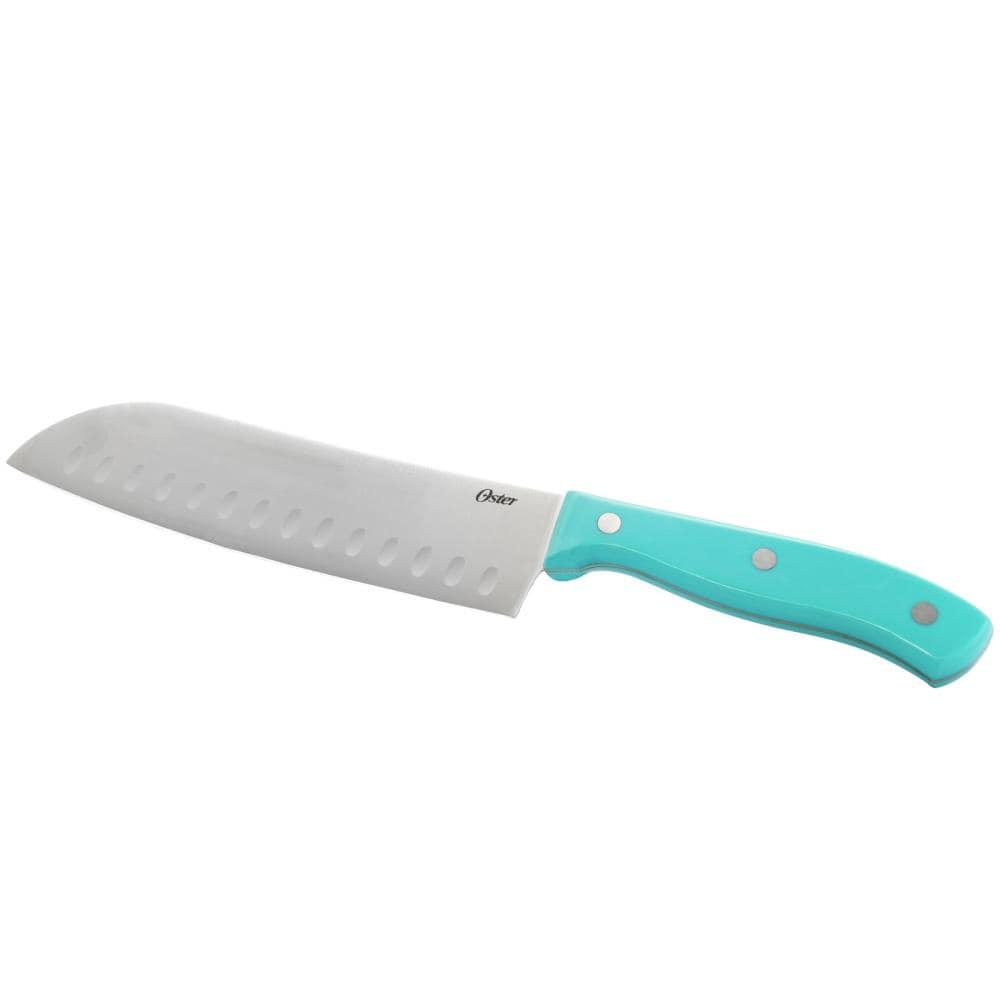 Oster Evansville 14 Piece Stainless Steel Blade Cutlery Set with Turquoise Plastic Handles