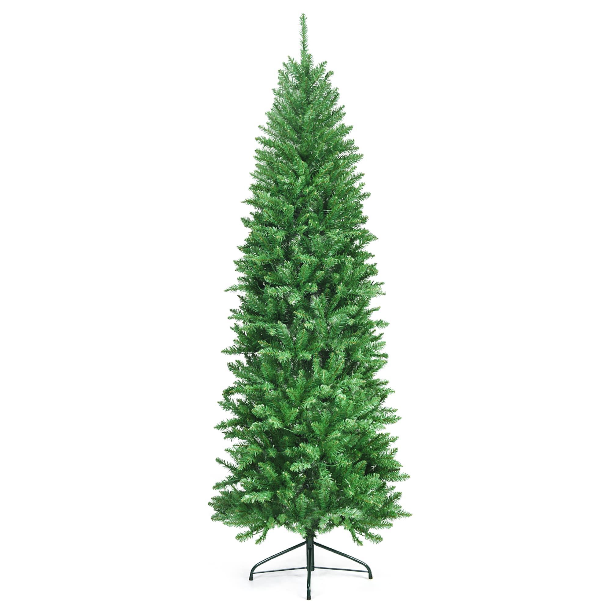 Costway 7Ft Pre-lit Artificial Pencil Christmas Tree Hinged Fir PVC Tree with 350 LED Lights