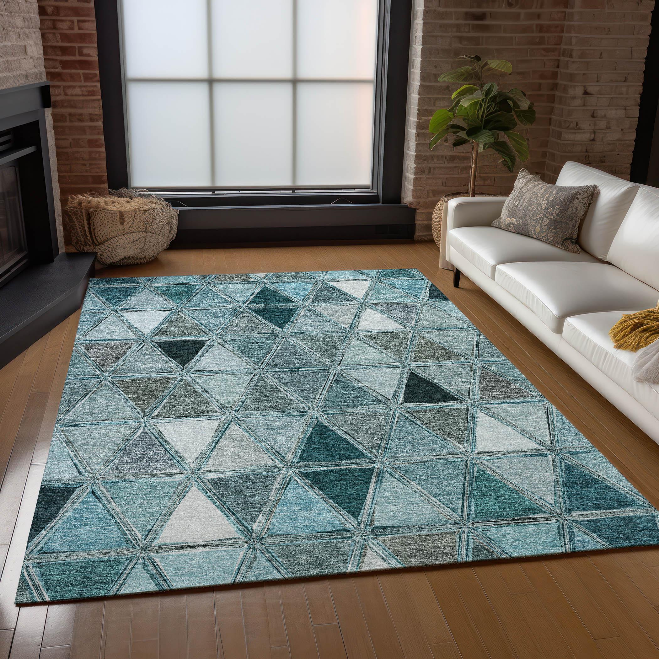 Teal Geometric Flat Woven Indoor Outdoor Washable Rug