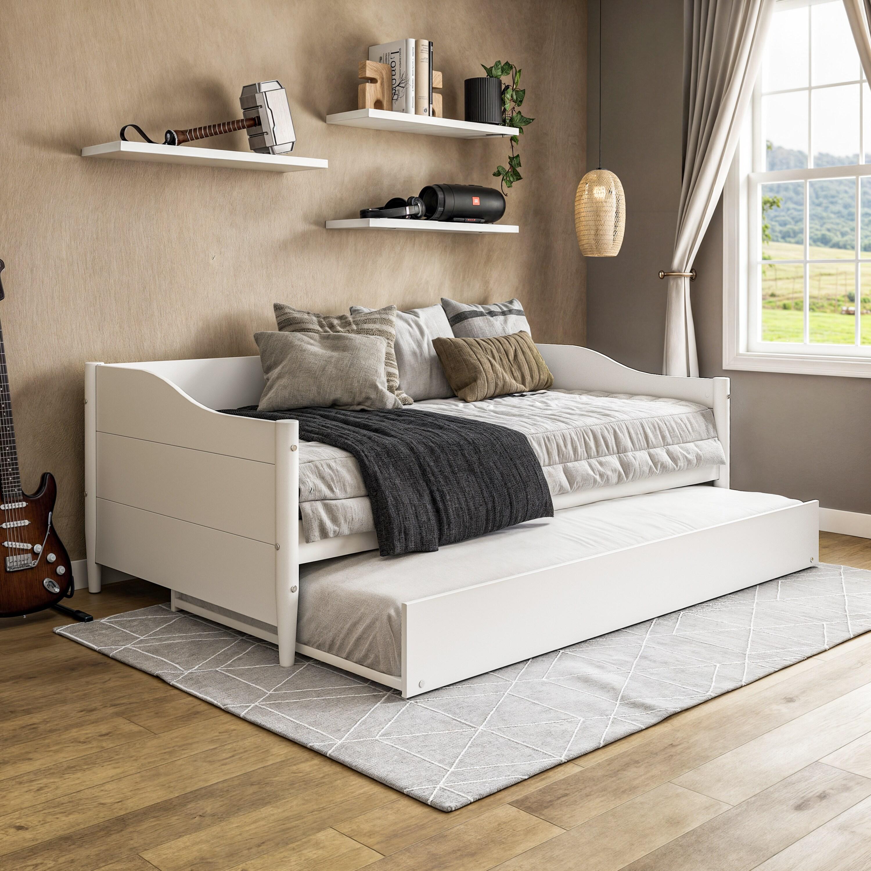 Mid Century Classic Twin Size Day Bed with Trundle White Finish