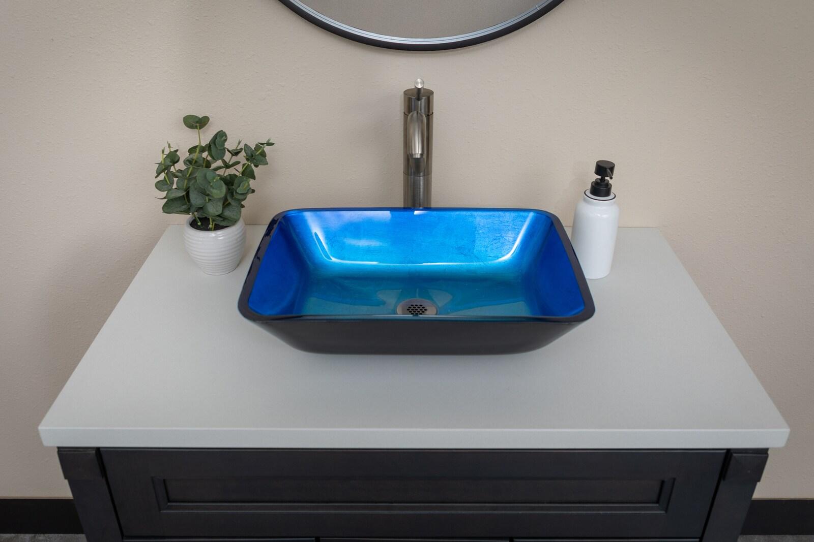 Eden Bath 13.13'' Blue Tempered Glass Rectangular Bathroom Sink