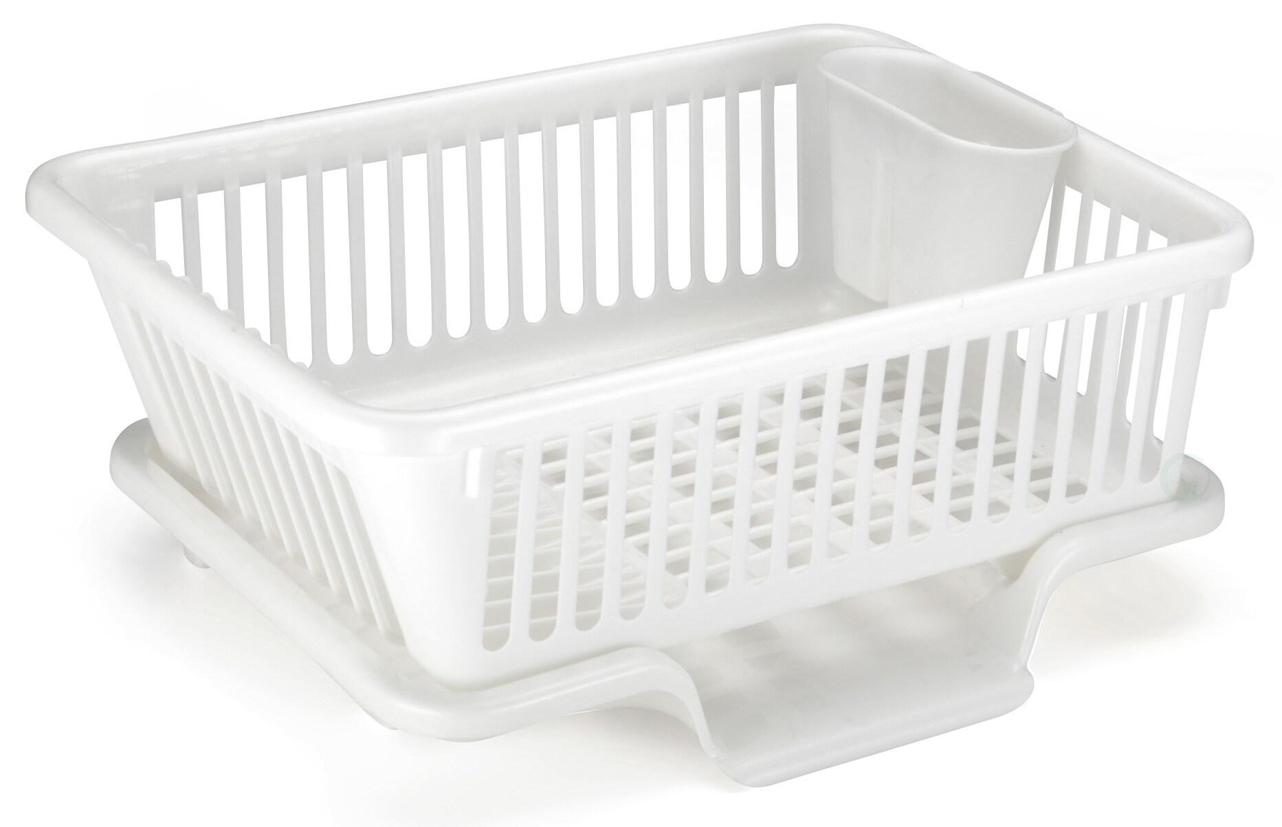 Basicwise Heavy Duty 2-Piece Plastic Dish Drying Rack Set in White - Includes Large Dish Drainer, Attached Drainboard, and Utensil Cup Holders for Home Kitchen Countertop Organization