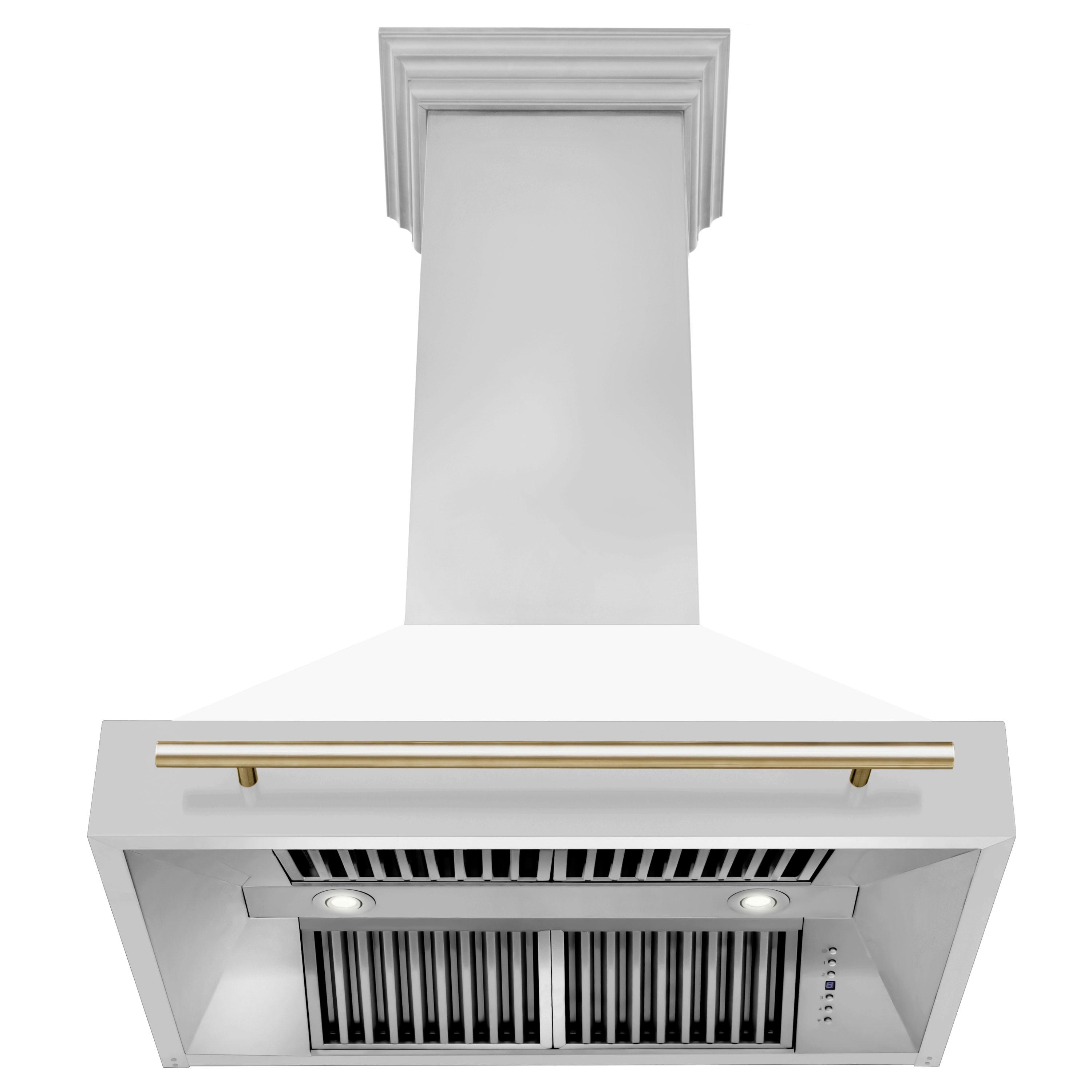 ZLINE Autograph Edition 36 in. Stainless Steel Range Hood W/ White Matte Shell & Champagne Bronze Handle