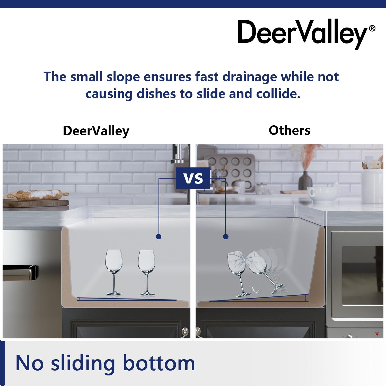 DeerValley Fireclay Single Basin Curved Farmhouse Kitchen Sink with Sink Grid and Basket Strainer