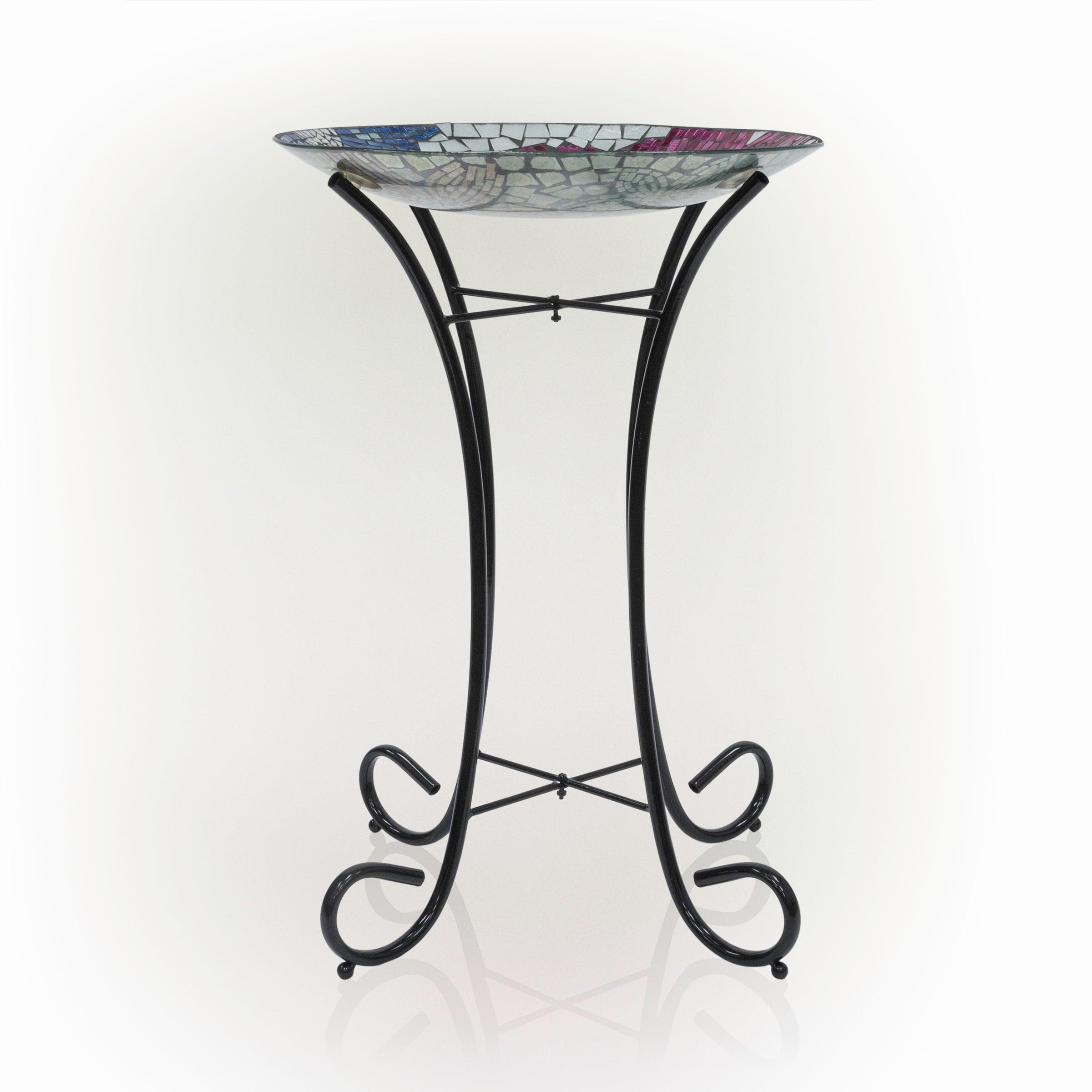 23" Outdoor Floral Glass Birdbath Bowl with Metal Stand - Alpine Corporation