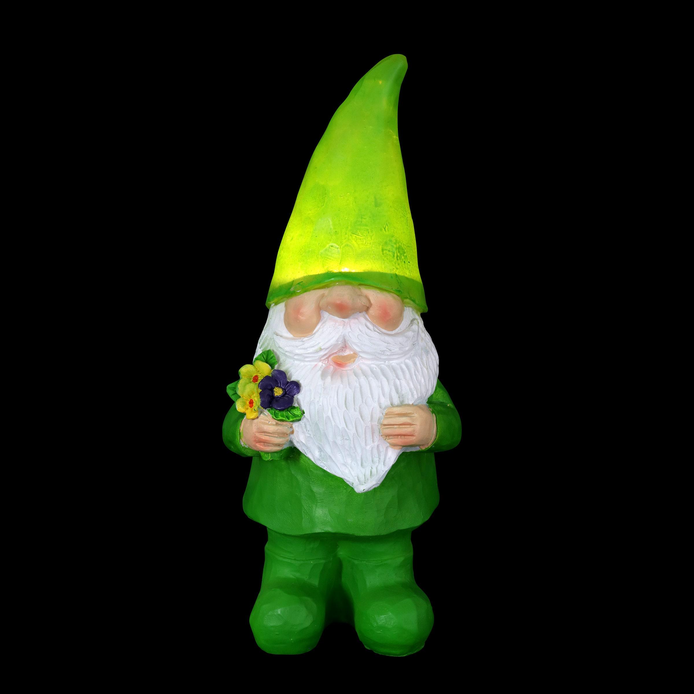 Green LED Solar-Powered Resin Garden Gnome with Flowers