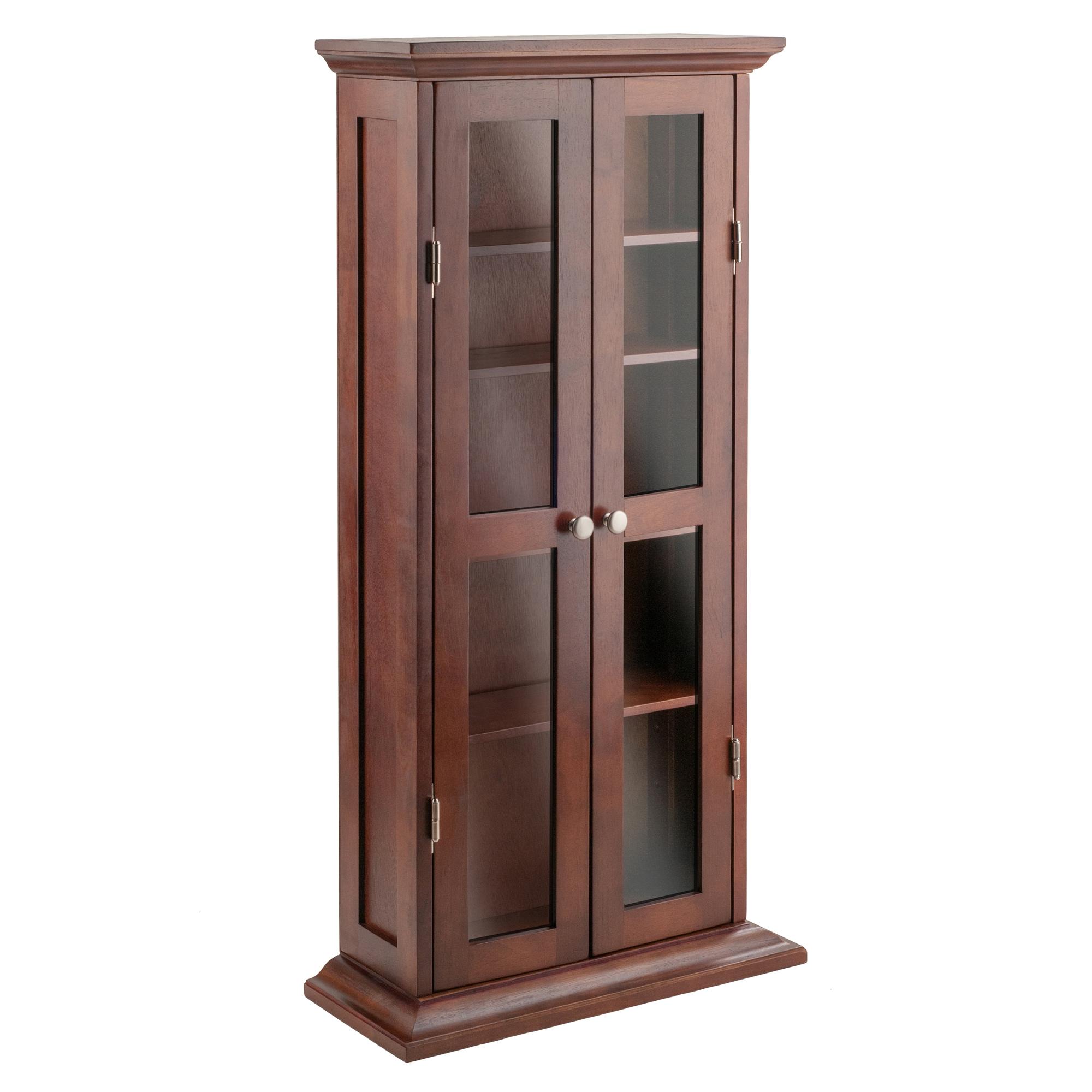 Dvd-Cd Cabinet - Antique Walnut - Winsome: Multimedia Storage, Glass Doors, 5 Adjustable Shelves