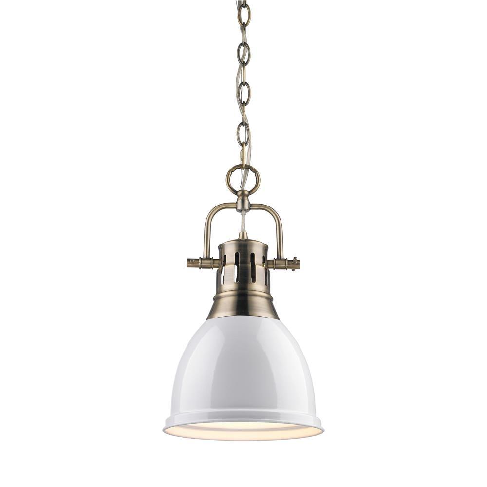 Golden Lighting Duncan 1-Light Small Pendant with Chain in Aged Brass with White