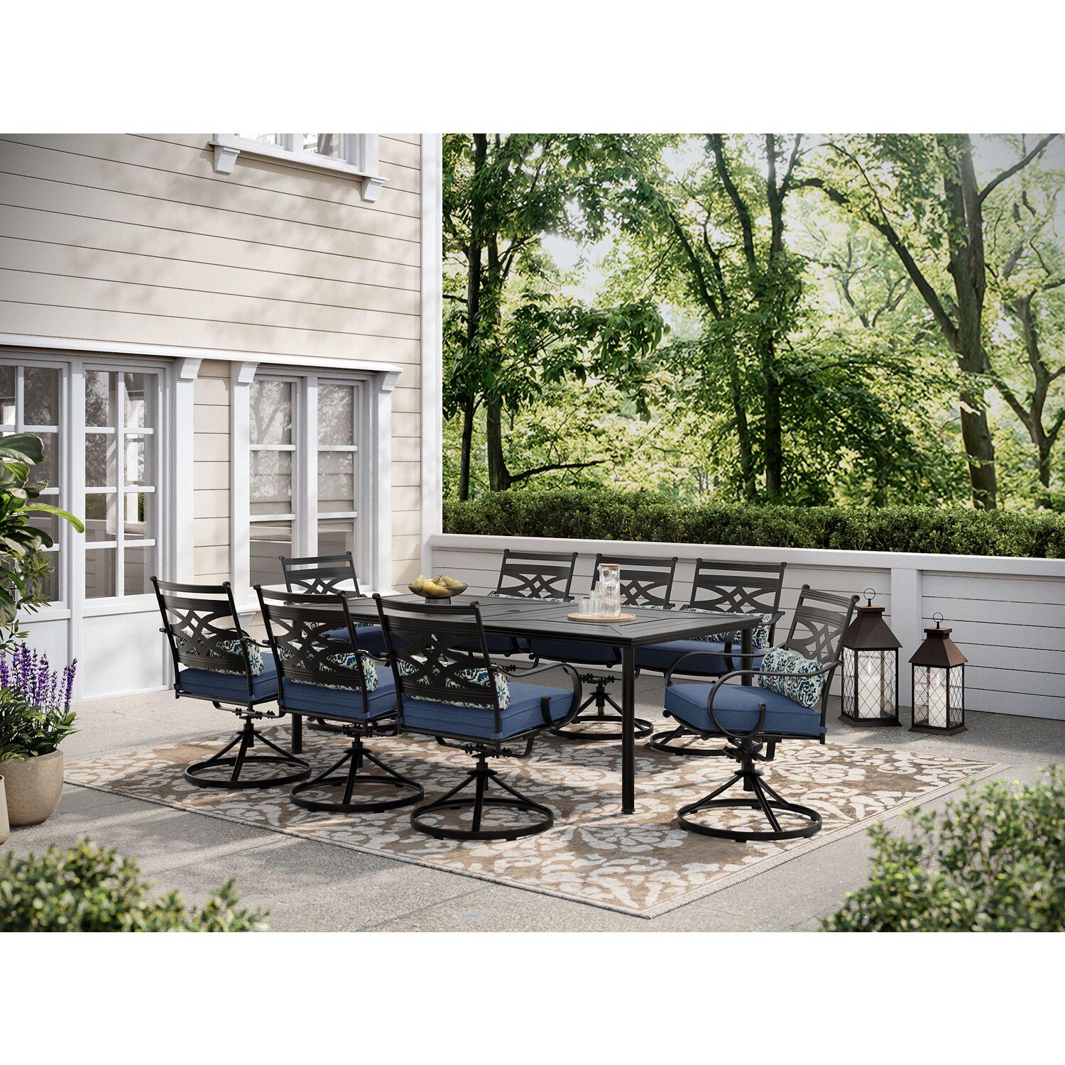 Hanover Montclair 3-Piece All-Weather Outdoor Patio Bistro Dining Set, 2 Swivel Rocker Chairs with Comfortable Seat and Lumbar Cushions, 27" Square Stamped Rectangle Table, MCLRDN3PCSW2-NVY