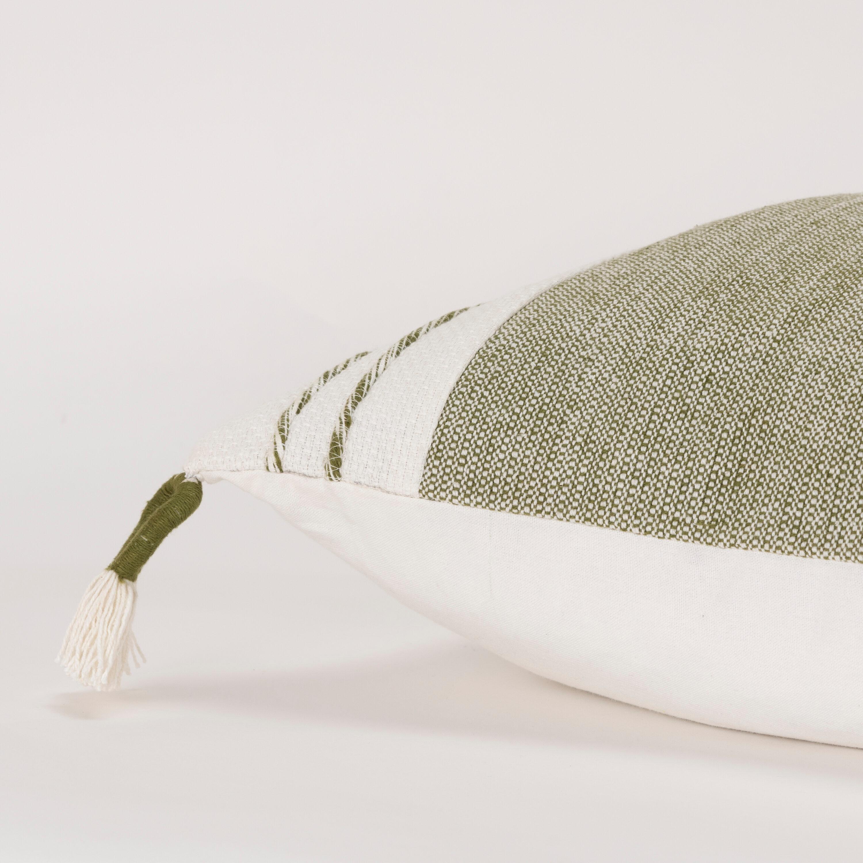 Moss Green and White Cotton Square Decorative Pillow with Tassels