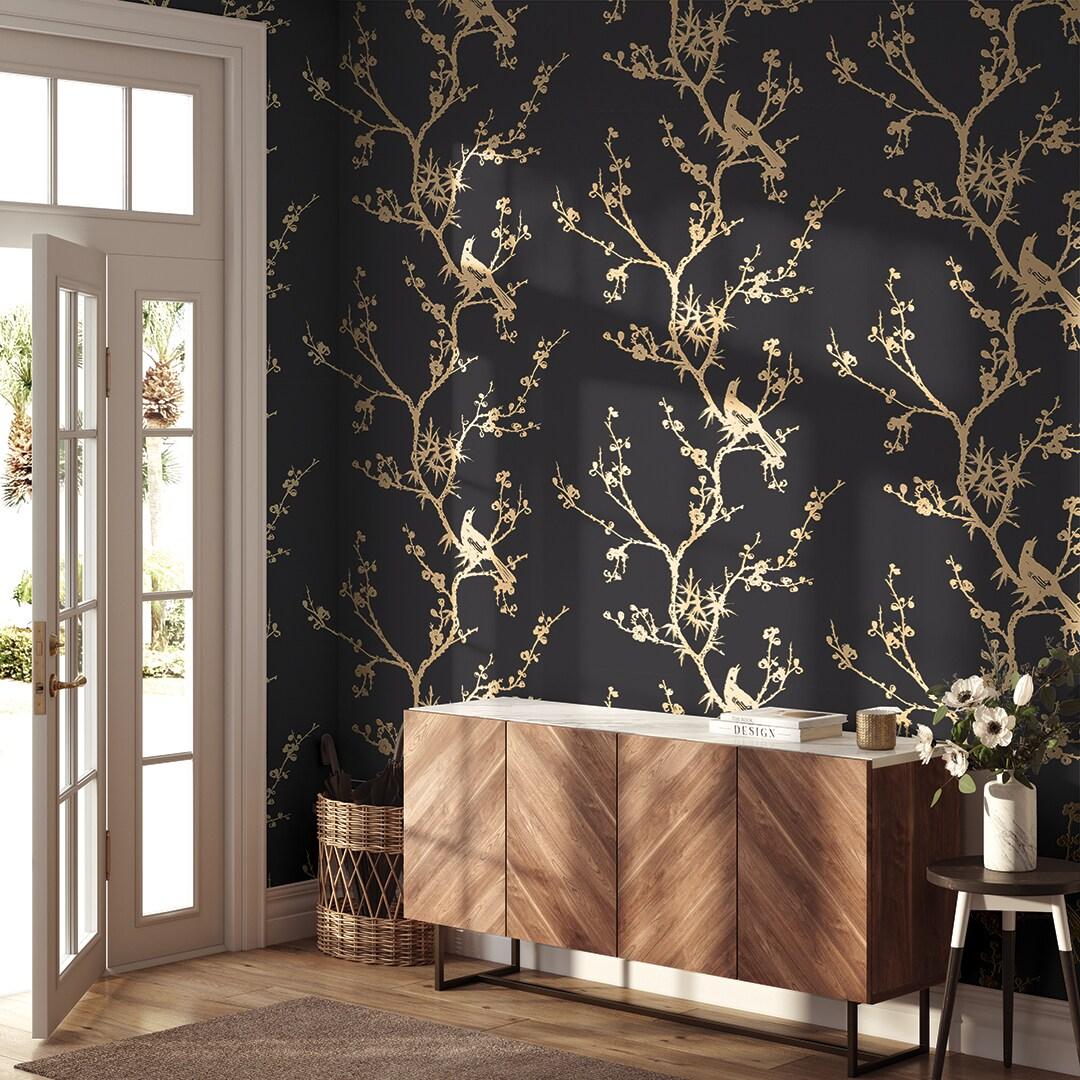 Tempaper & Co.® x Cynthia Rowley Bird Watching Removable Peel and Stick Wallpaper, Black and Gold, 56 sq ft: Vinyl, Self-Adhesive