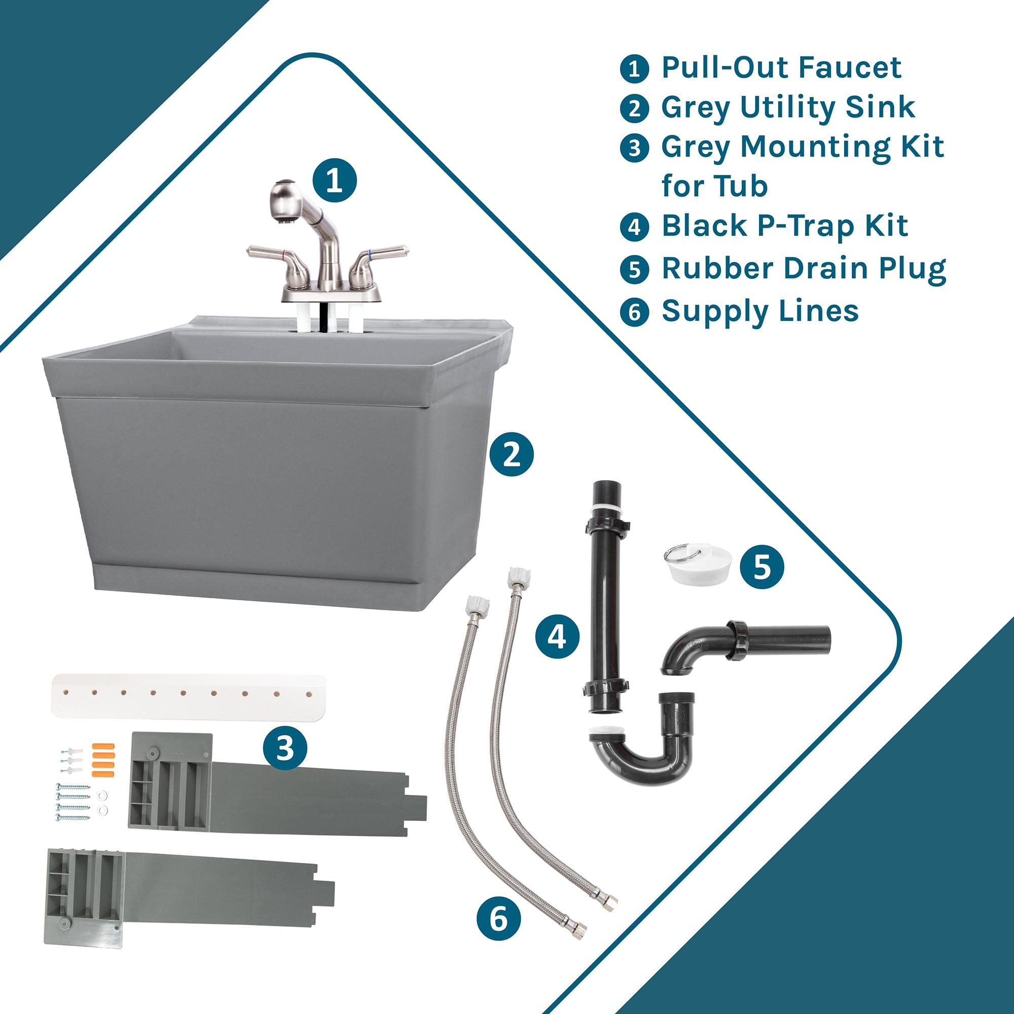 Tehila Wall Mounted Gray Utility Sink with Stainless Finish Pull-out Faucet