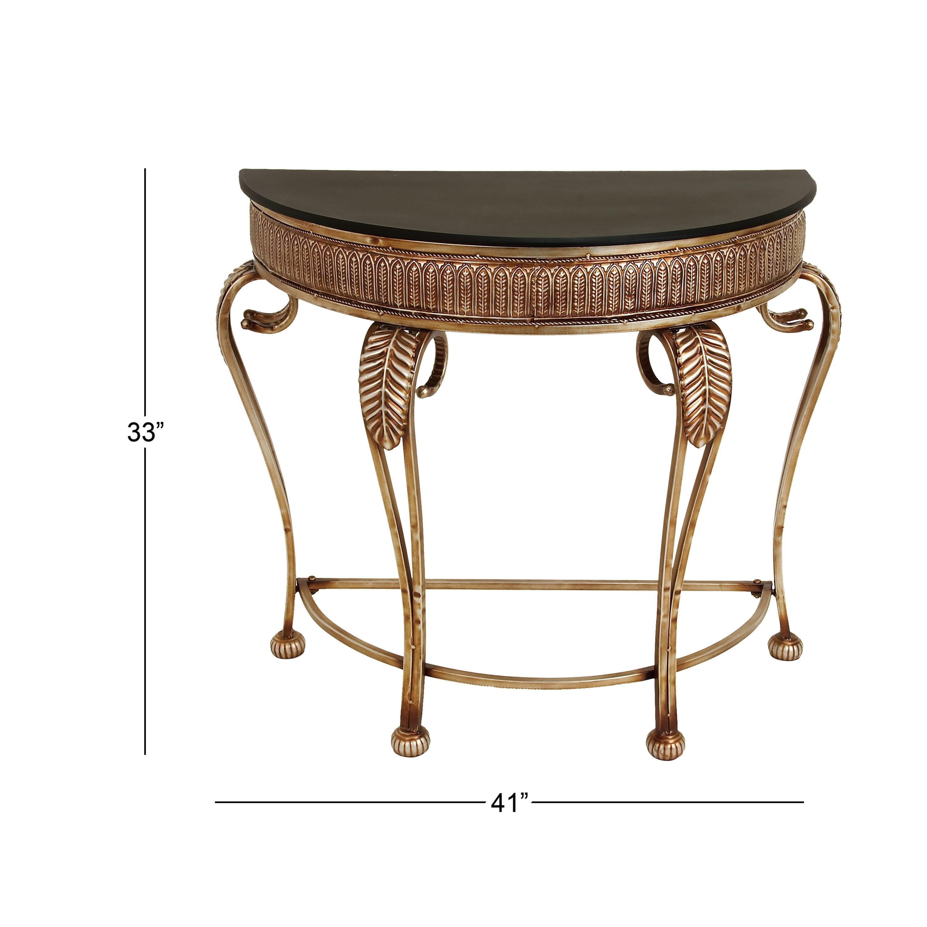 Allura Metal Embossed Leaf Console Table with Ornate Scroll Legs