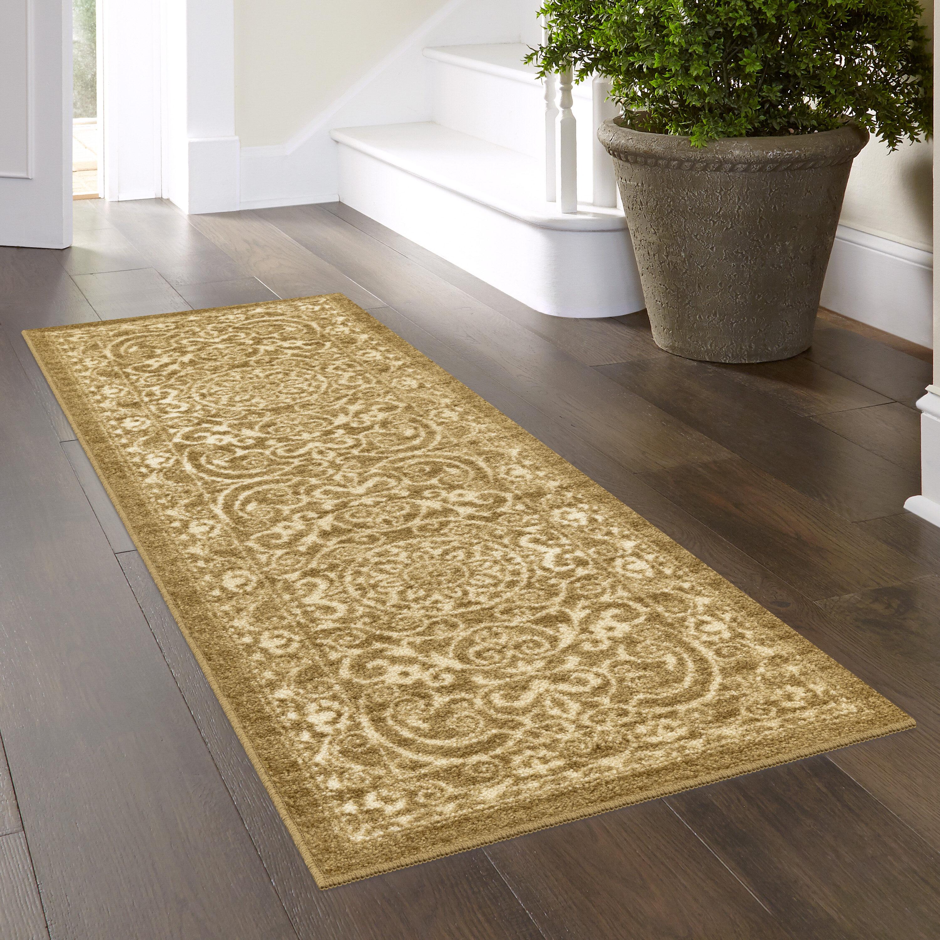 Maples Rugs Pelham Transitional Vintage Scroll Khaki Washable Hallway Runner Rug, 2' x 6'