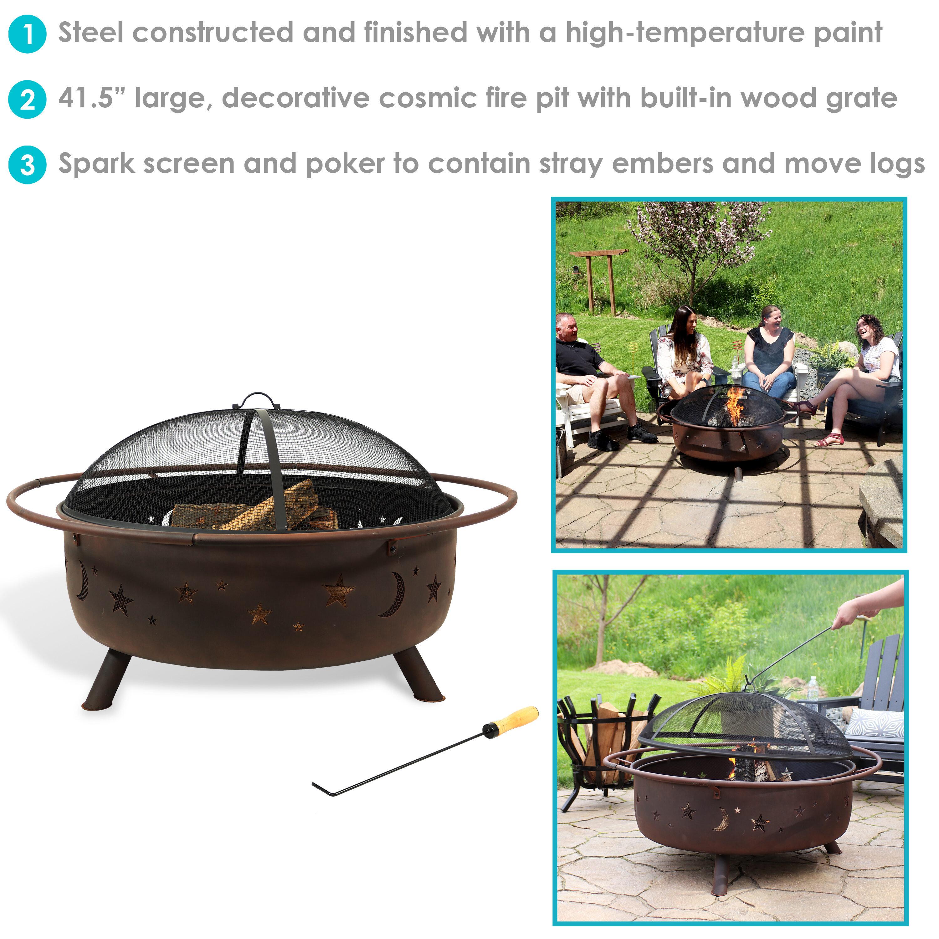 Sunnydaze Cosmic 42" Round Wood-Burning Bronze Finish Steel Fire Pit with Spark Screen