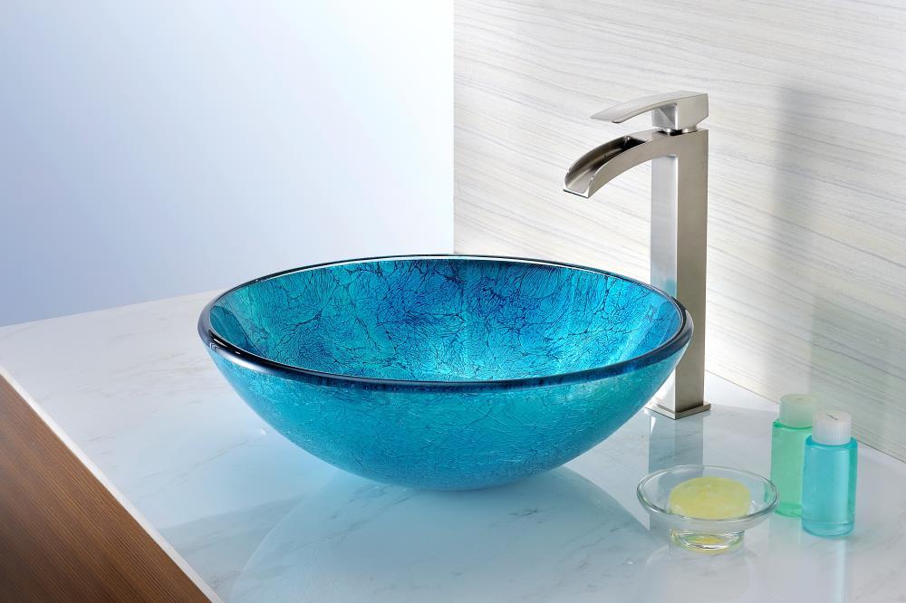 ANZZI Accent 16.5'' Blue Tempered Glass Circular Bathroom Sink