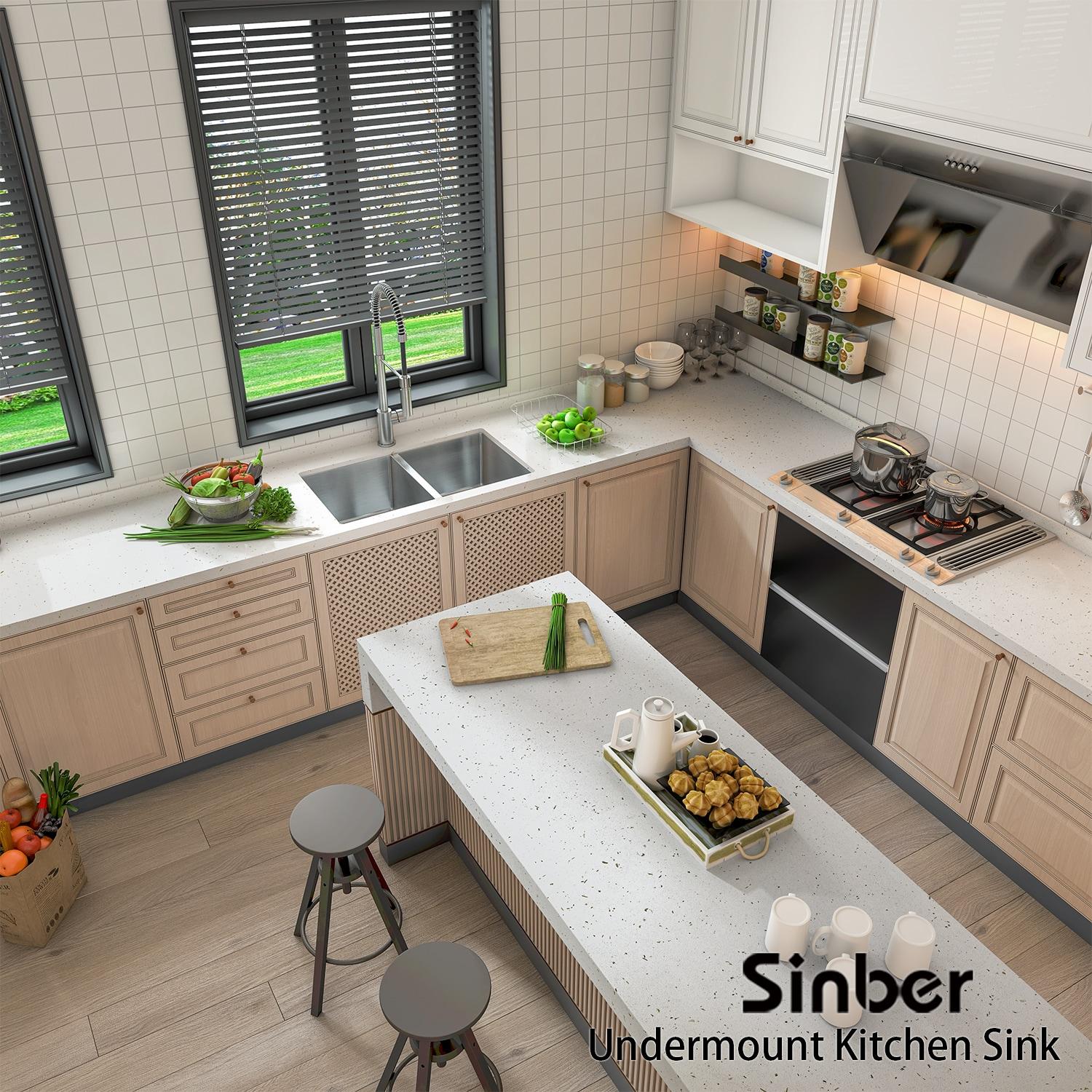 Sinber 32" x 19" Undermount Double Bowl Kitchen Sink with 18 Gauge 304 Stainless Steel Satin Finish