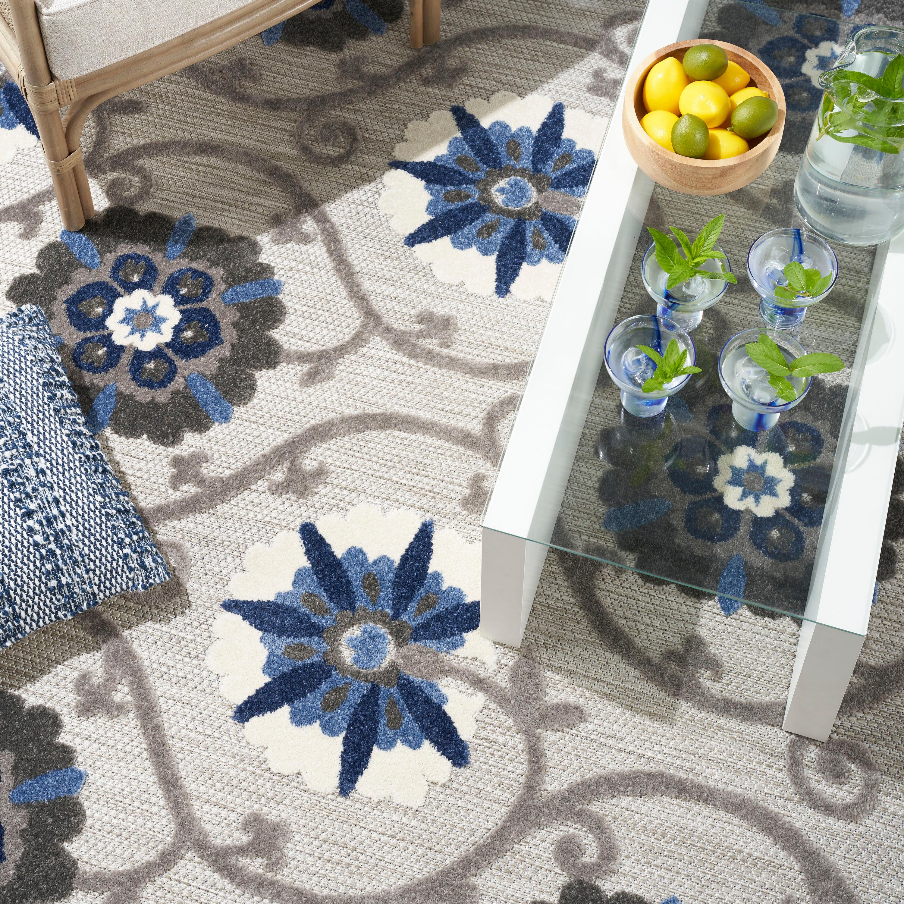 Nourison Aloha Contemporary Floral Flatweave High-Low Indoor Outdoor Area Rug Grey/Blue 7'10" x 10'6"