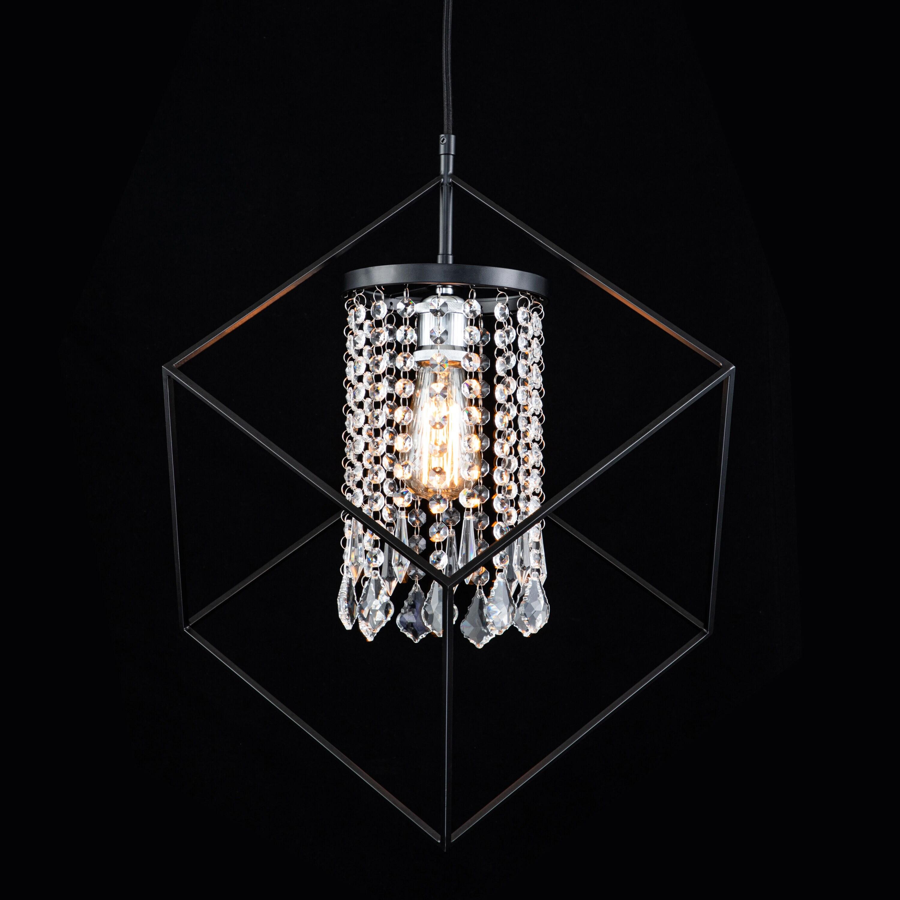 C Cattleya 1-Light Black Cube Pendant Light with Cylinder Crystal Beads Shade