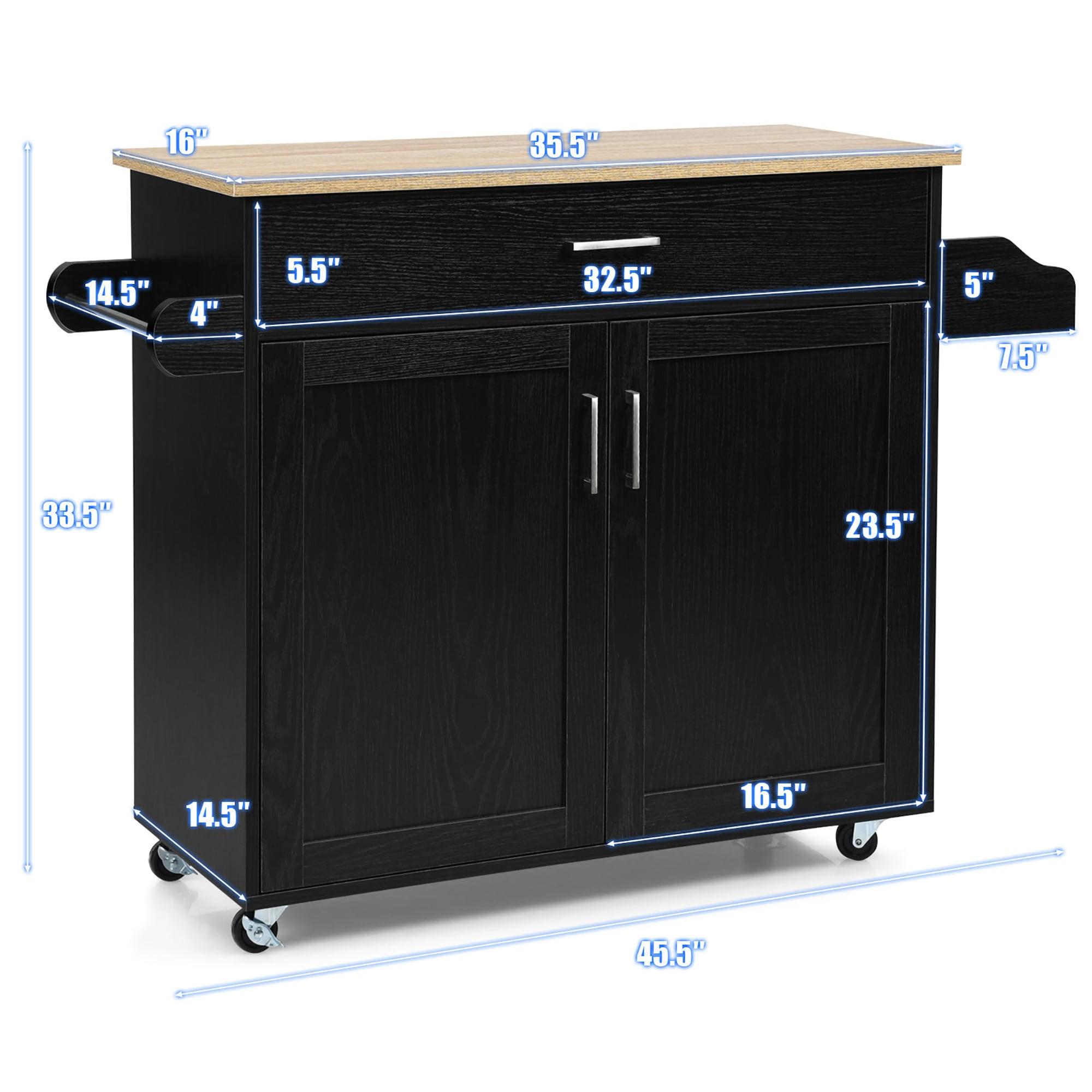 Black Fir Wood Rolling Kitchen Cart with Spice Rack and Storage