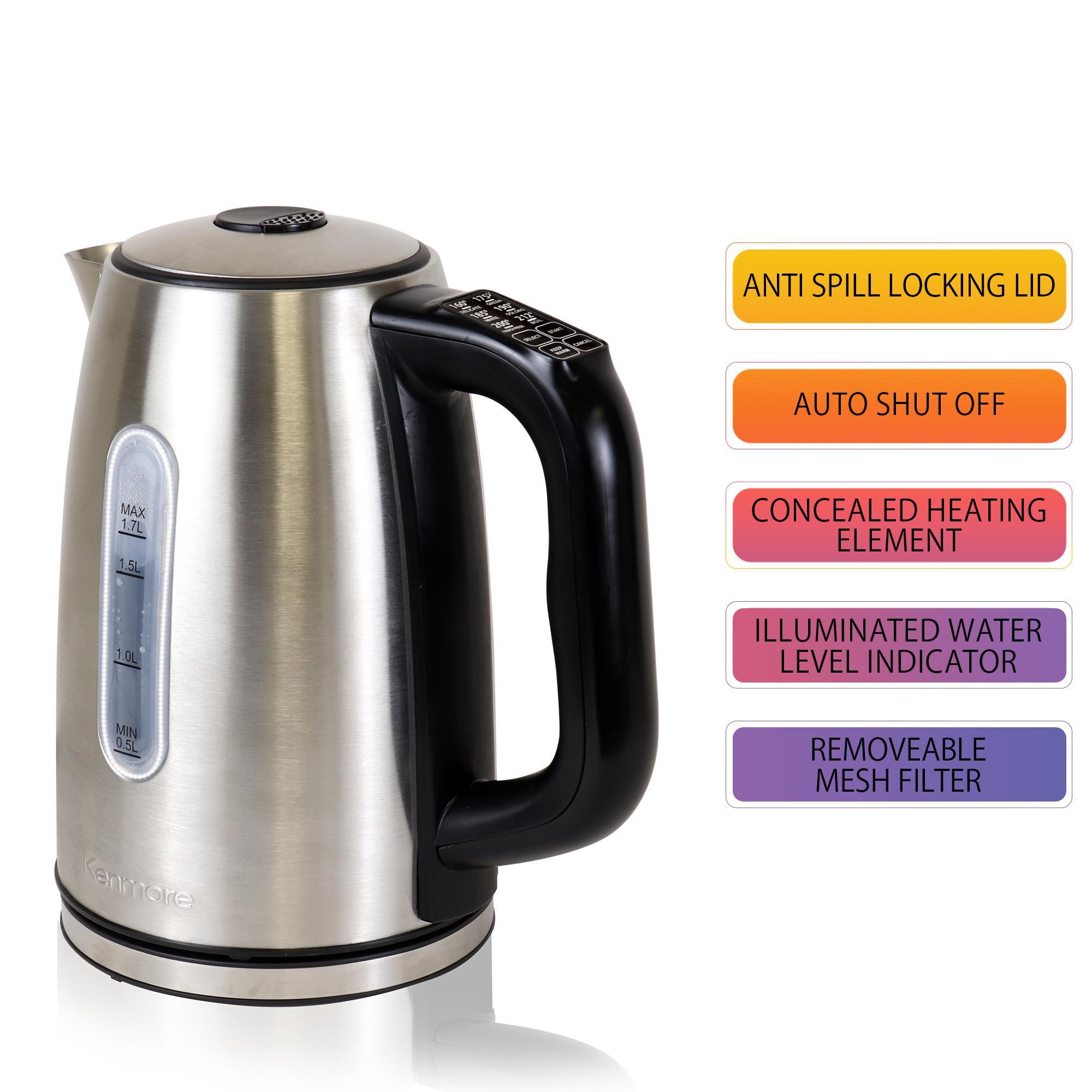 Kenmore 1.7 Qt. Electric Tea Kettle with 6 Temperature Pre-Sets, Cordless