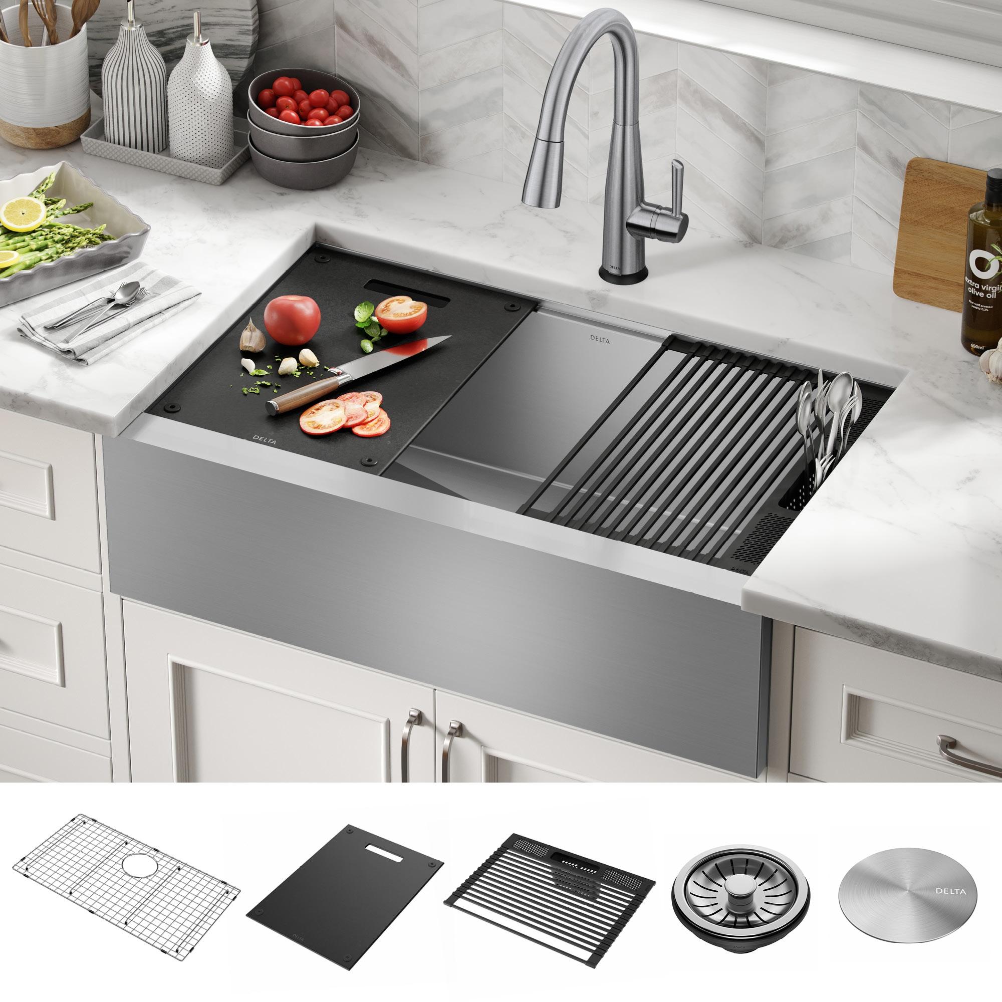 Delta Rivet™ 33" L Workstation Farmhouse Apron Front Kitchen Sink Undermount 16 Gauge Stainless Steel Single Bowl