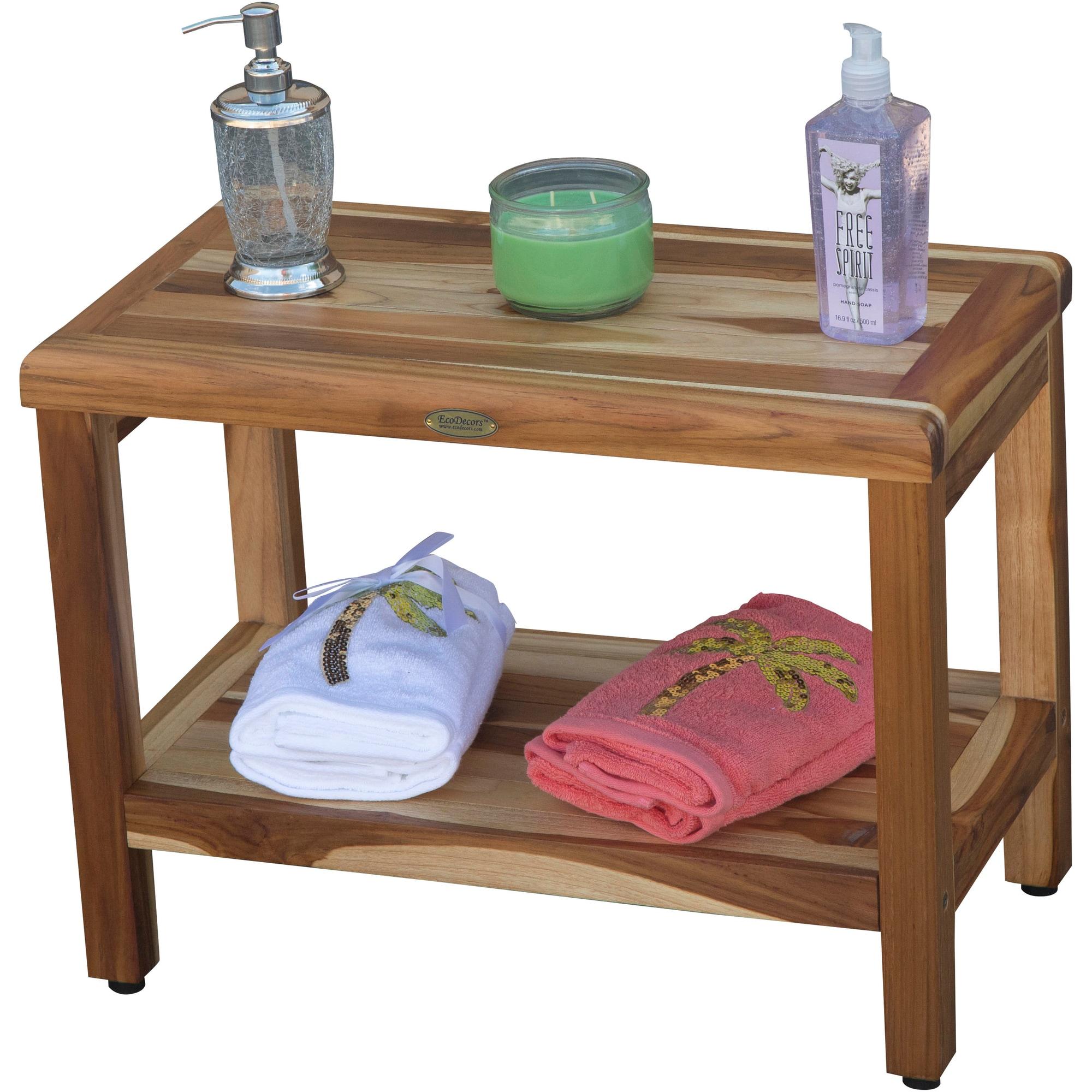 24" Eleganto ED1001 Wide Teak Shower Bench with Shelf - EcoDecors