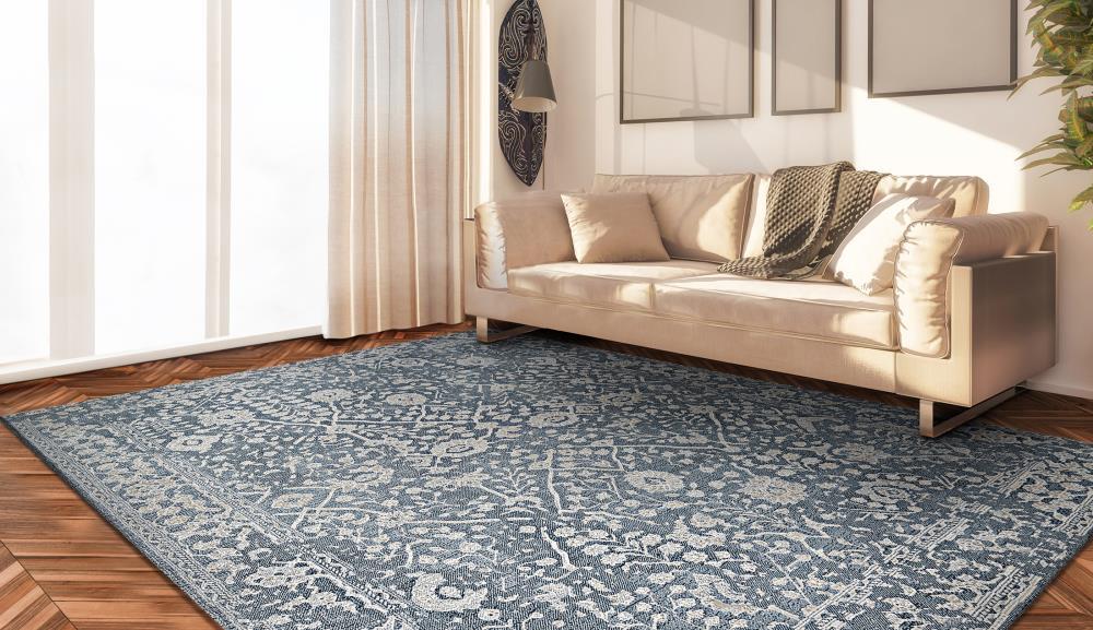 Slate Blue Floral Wool Silk Area Rug