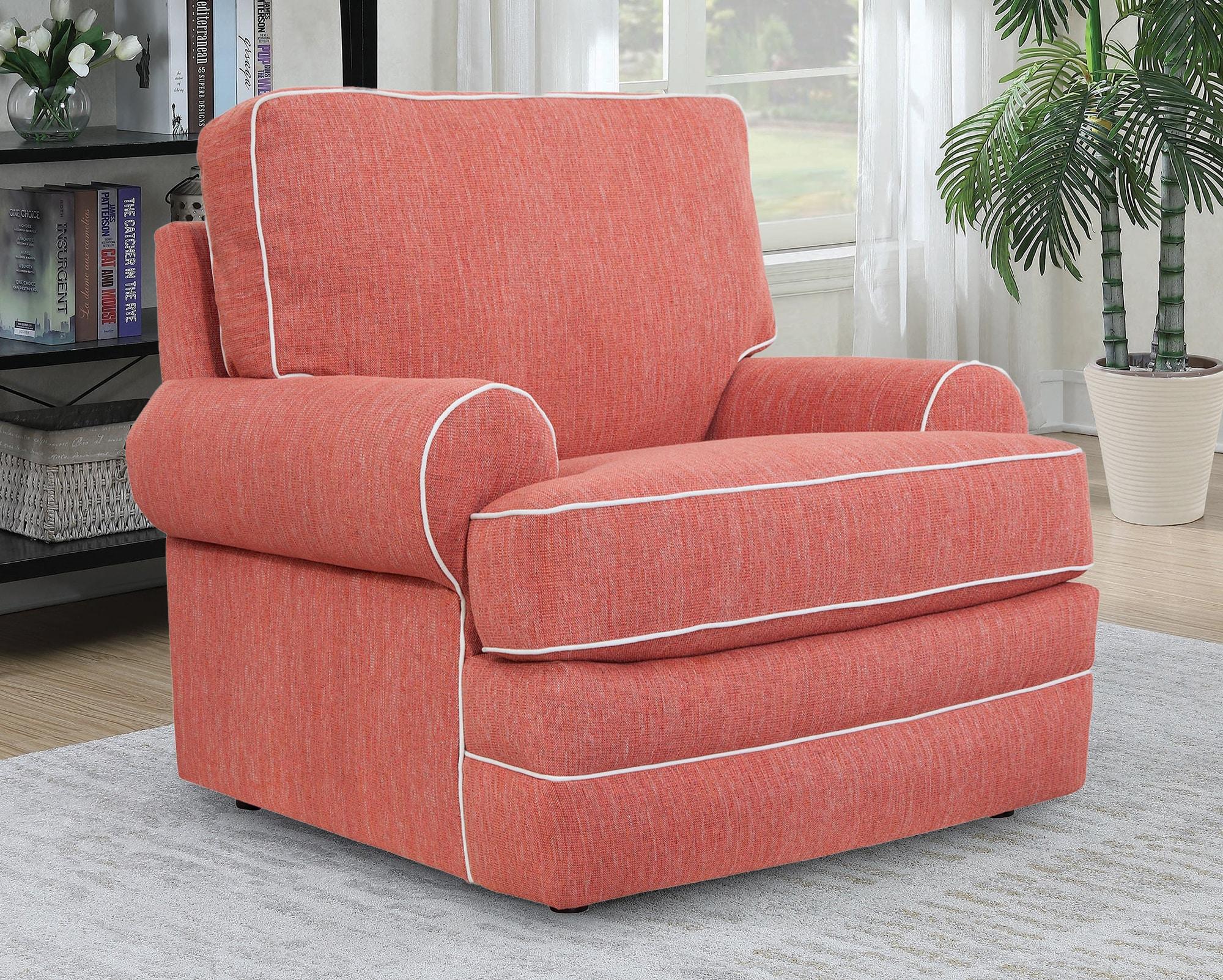 Coral Upholstered Armchair with Ivory Contrast Welt