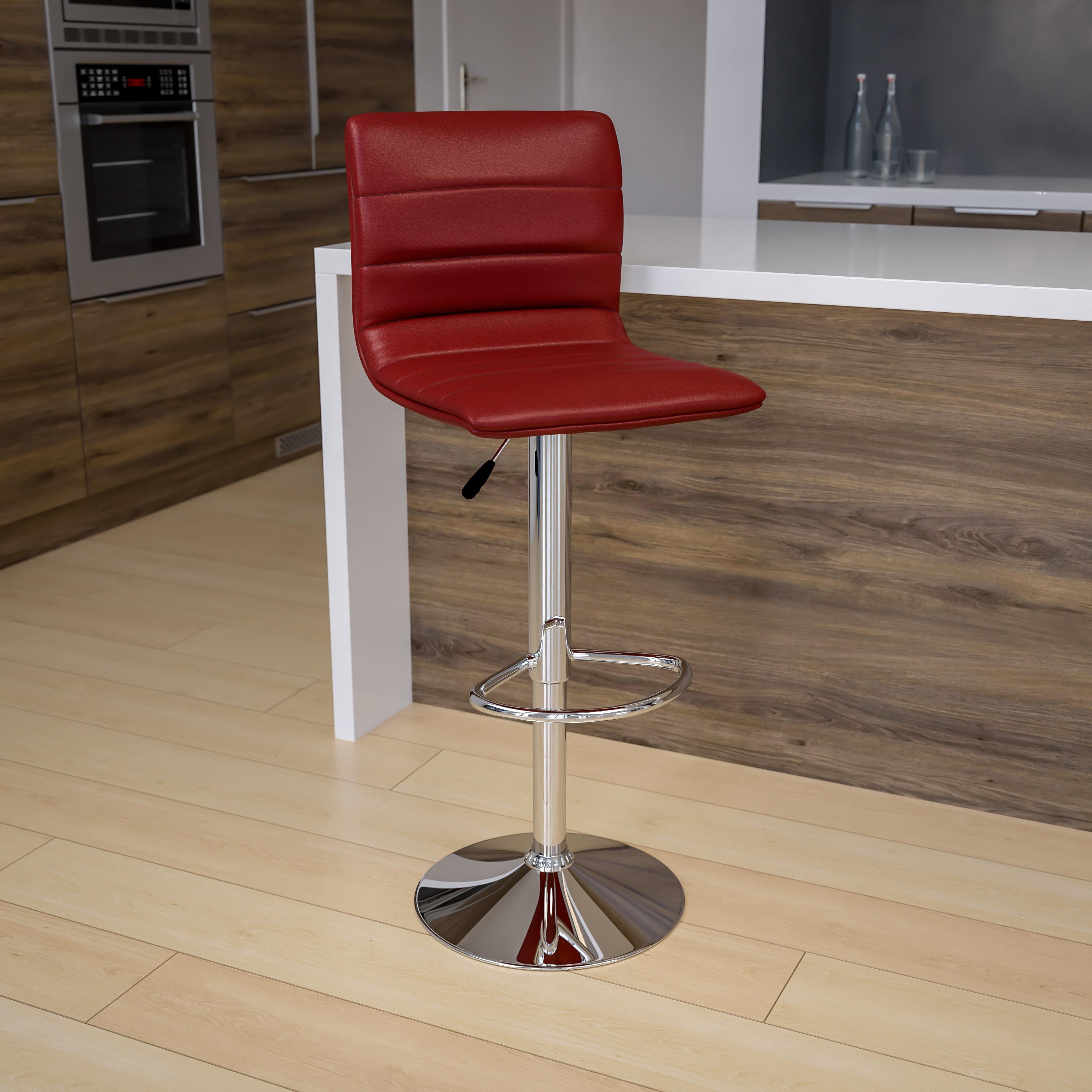 Flash Furniture Modern Burgundy Vinyl Adjustable Bar Stool with Back, Counter Height Swivel Stool with Chrome Pedestal Base