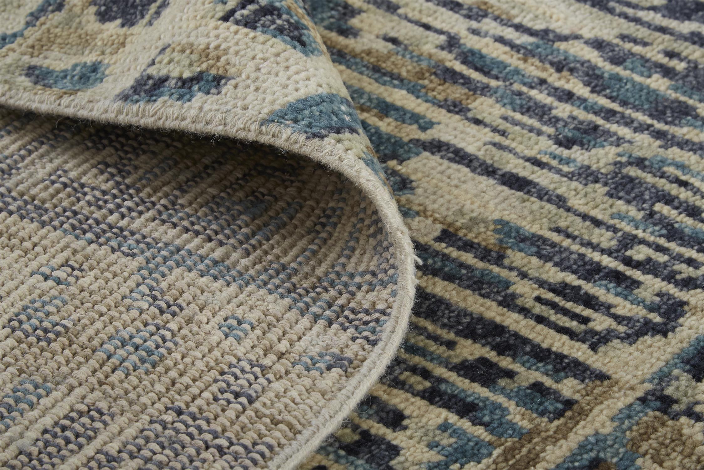 Ivory and Denim Blue Hand-Knotted Wool Abstract Rug