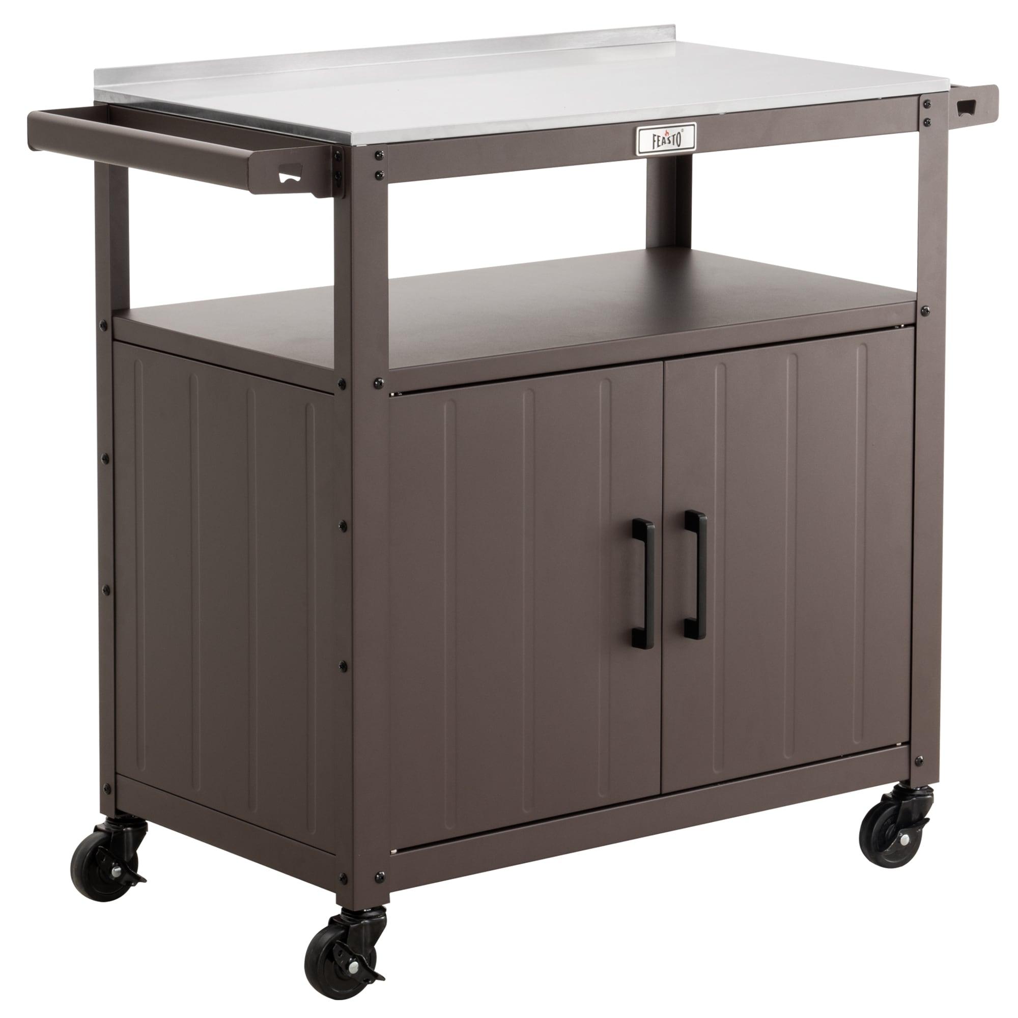 Feasto Feasto Outdoor Grill Cart with Stainless Steel Tabletop and Storage Cabinet, Movable Kitchen Island with Wheels for BBQ Food Prep