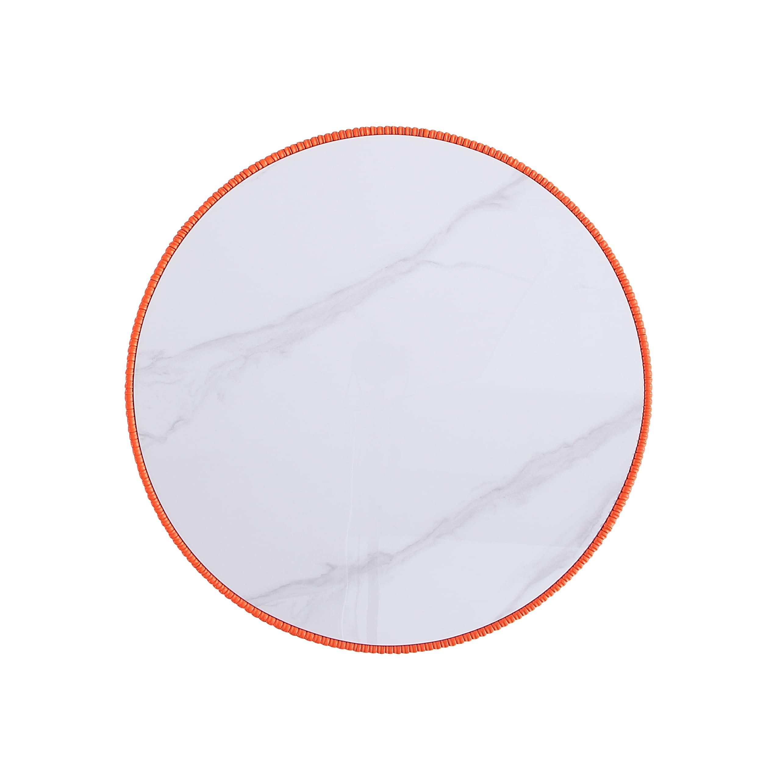 Manhattan Comfort 2pc Anderson Leatherette Upholstered Coffee Table and End Table with Metal Top Set Orange: Stainless Steel & Faux Marble