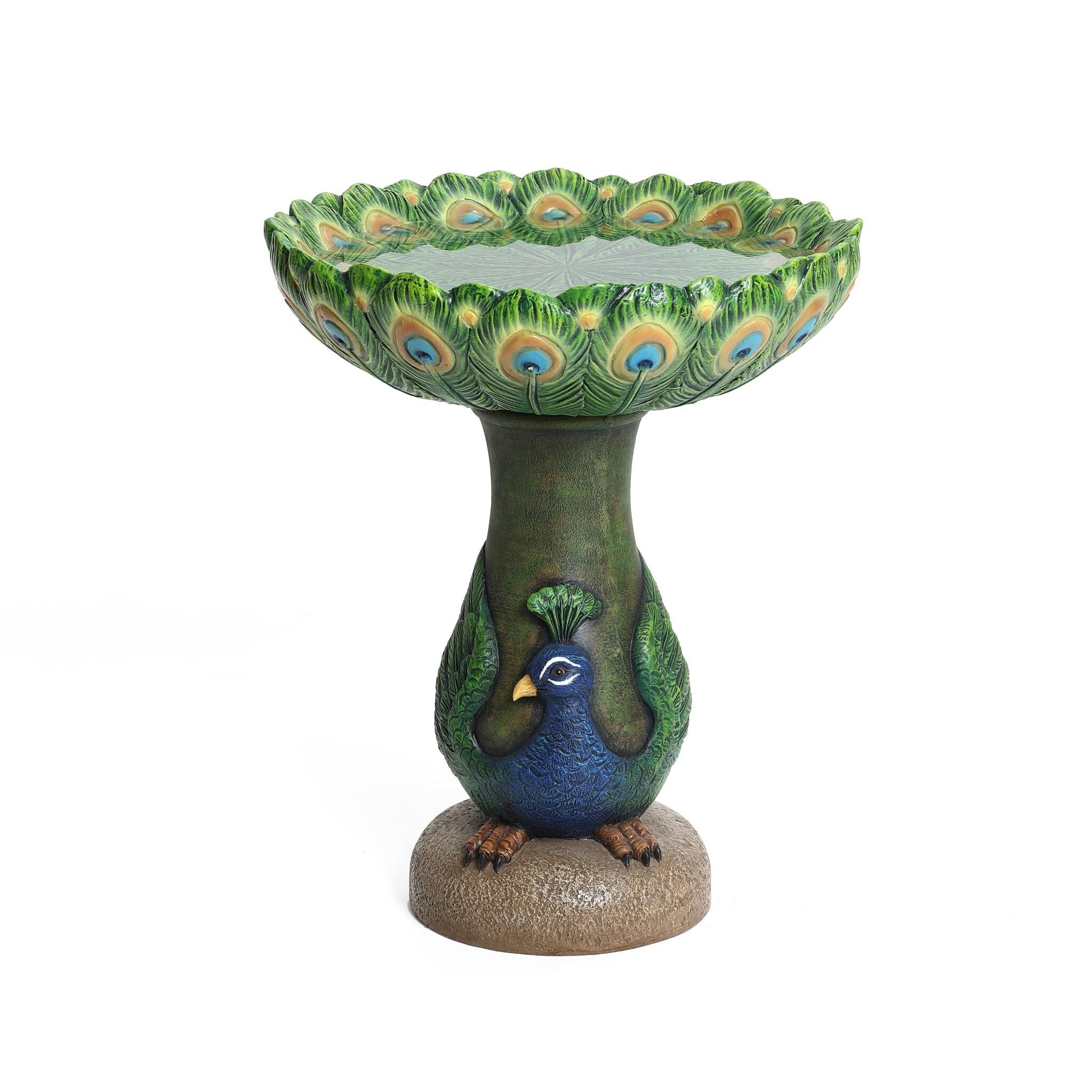 LuxenHome 20" Elegant Tall Peacock Outdoor Resin Bird Bath with Elegant Feather Basin for Garden, Patio Multicolored