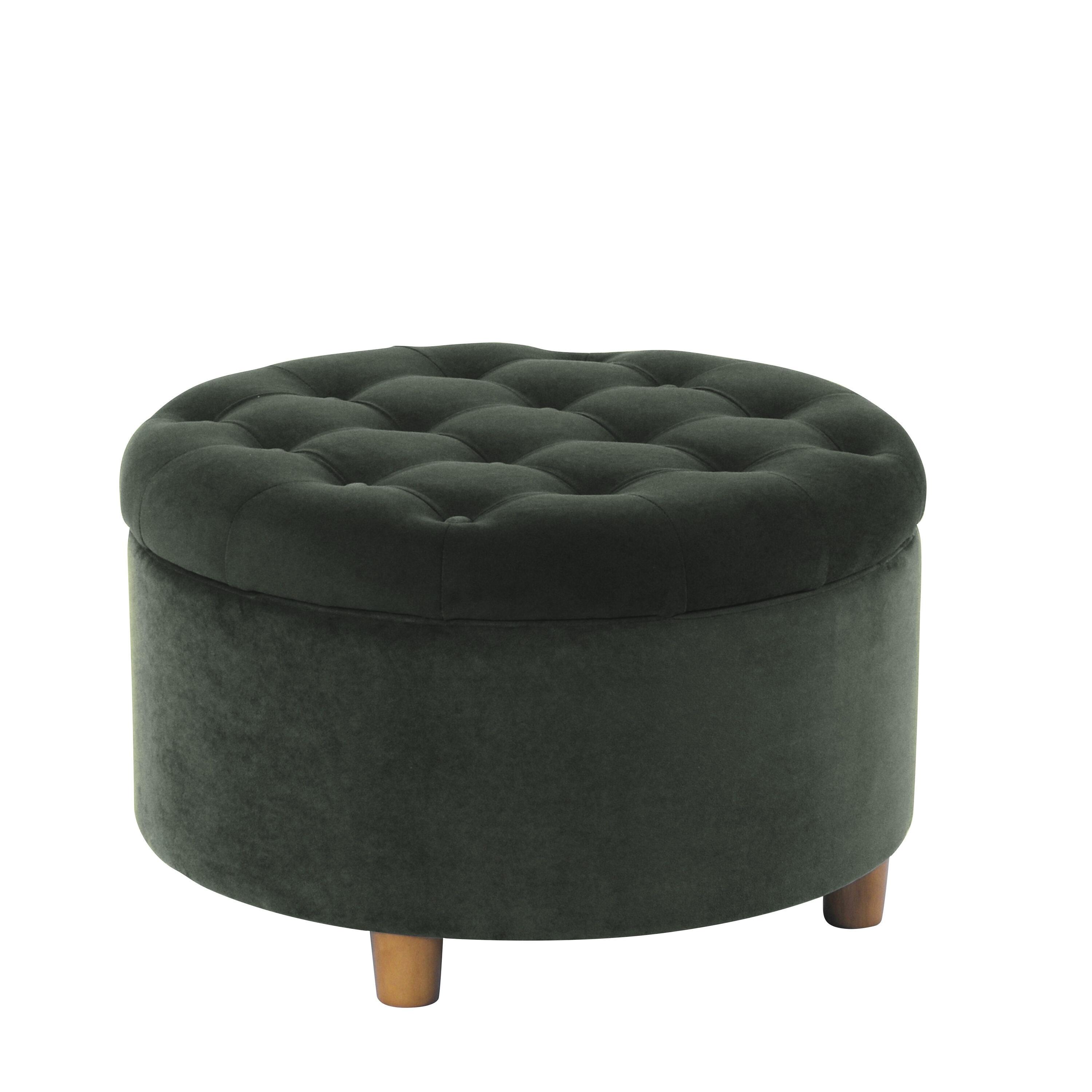 Tufted Round Storage Ottoman Loden Green Velvet - HomePop: Velvet Footstool, Honey Oak Legs, 250lb Capacity