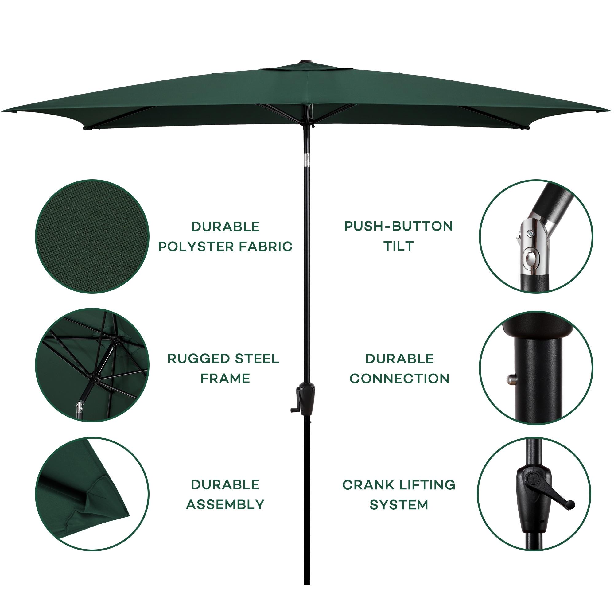 Sun-Ray 6.6x10 FT Rectangular Patio Umbrella with Push-Button Tilt and Hand Crank Canopy Lift, Table Umbrella with Solution Dyed Navy Fabric for Porch, Deck, Garden, and Swimming Pool, Hunter Green