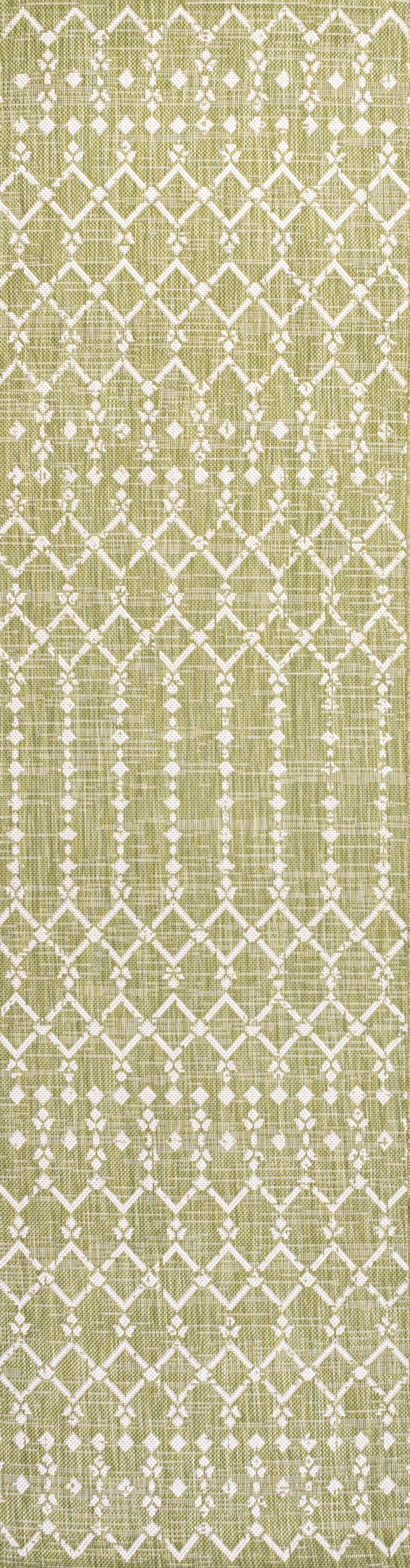 2' x 10' Ourika Moroccan Geometric Textured Weave Indoor/Outdoor Runner Rug, Light Green/Cream - JONATHAN Y