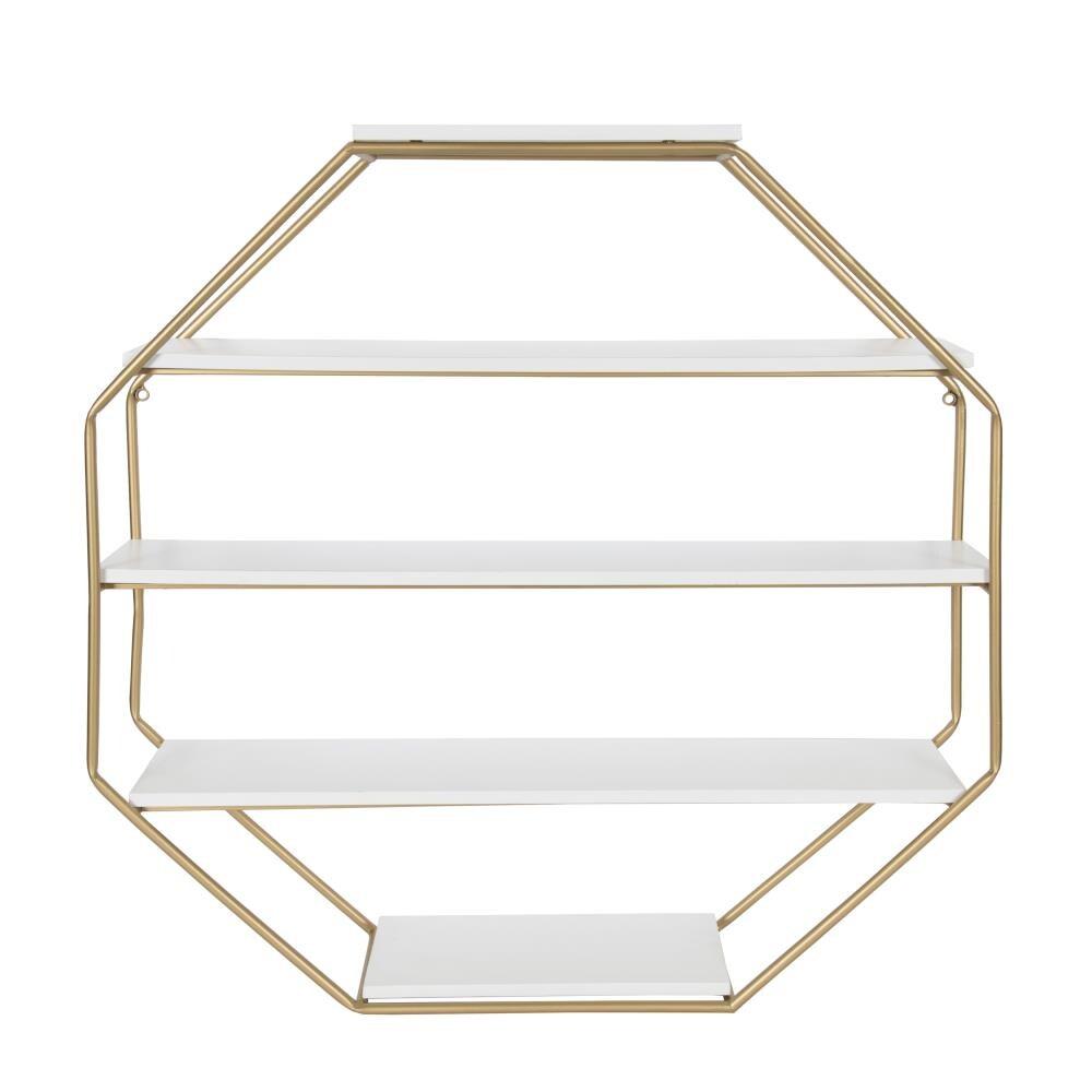 Kate and Laurel Lintz Large Modern Octagon Floating Wall Shelves with Metal Frame, Gold and White