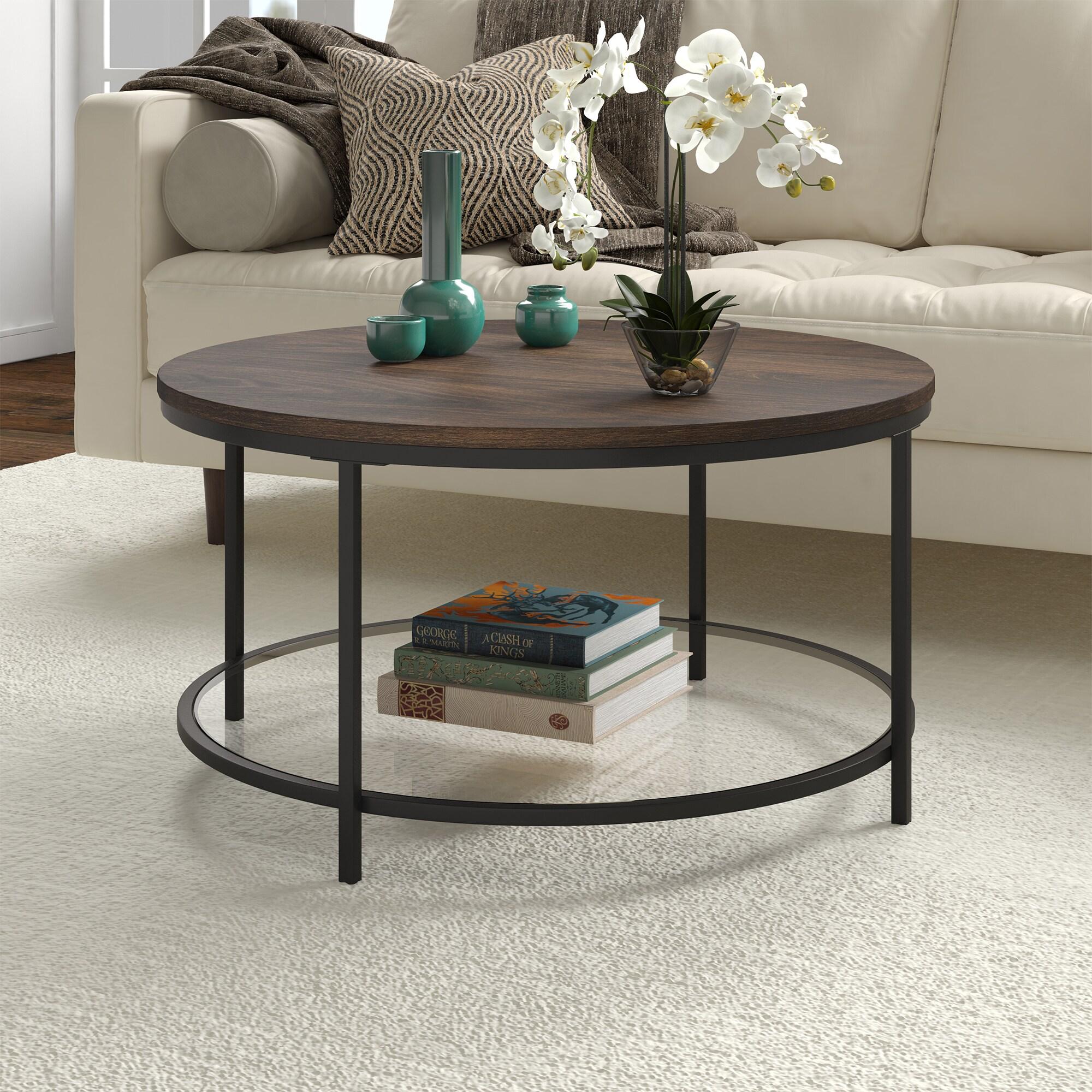 Evelyn&Zoe Sevilla 32'' Wide Round Coffee Table with MDF Top and Glass Shelf, Blackened Bronze/Alder Brown