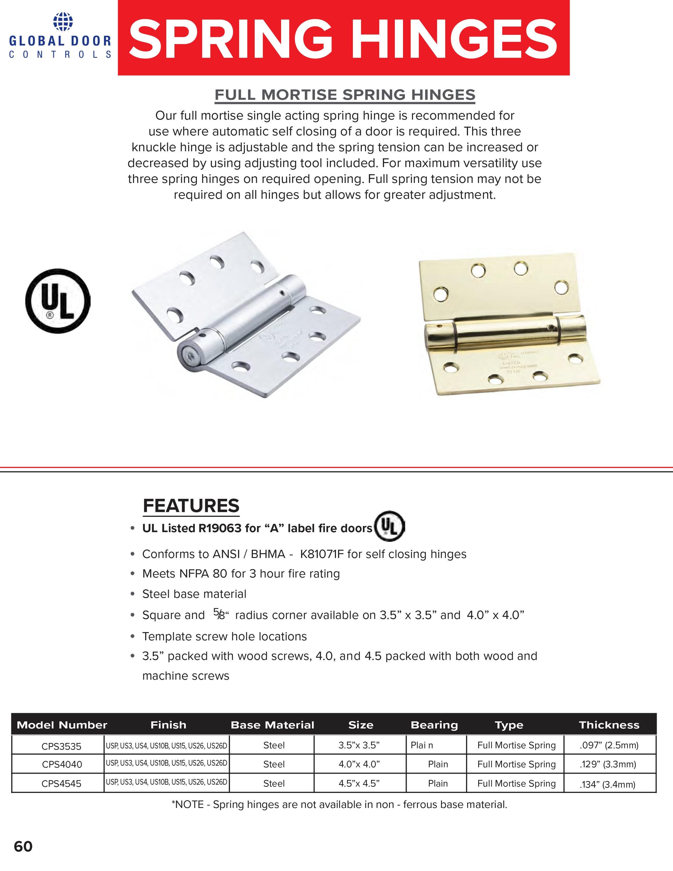 Global Door Controls 4.5" x 4.5" in Satin Chrome Steel Spring Hinge (Set of 3)