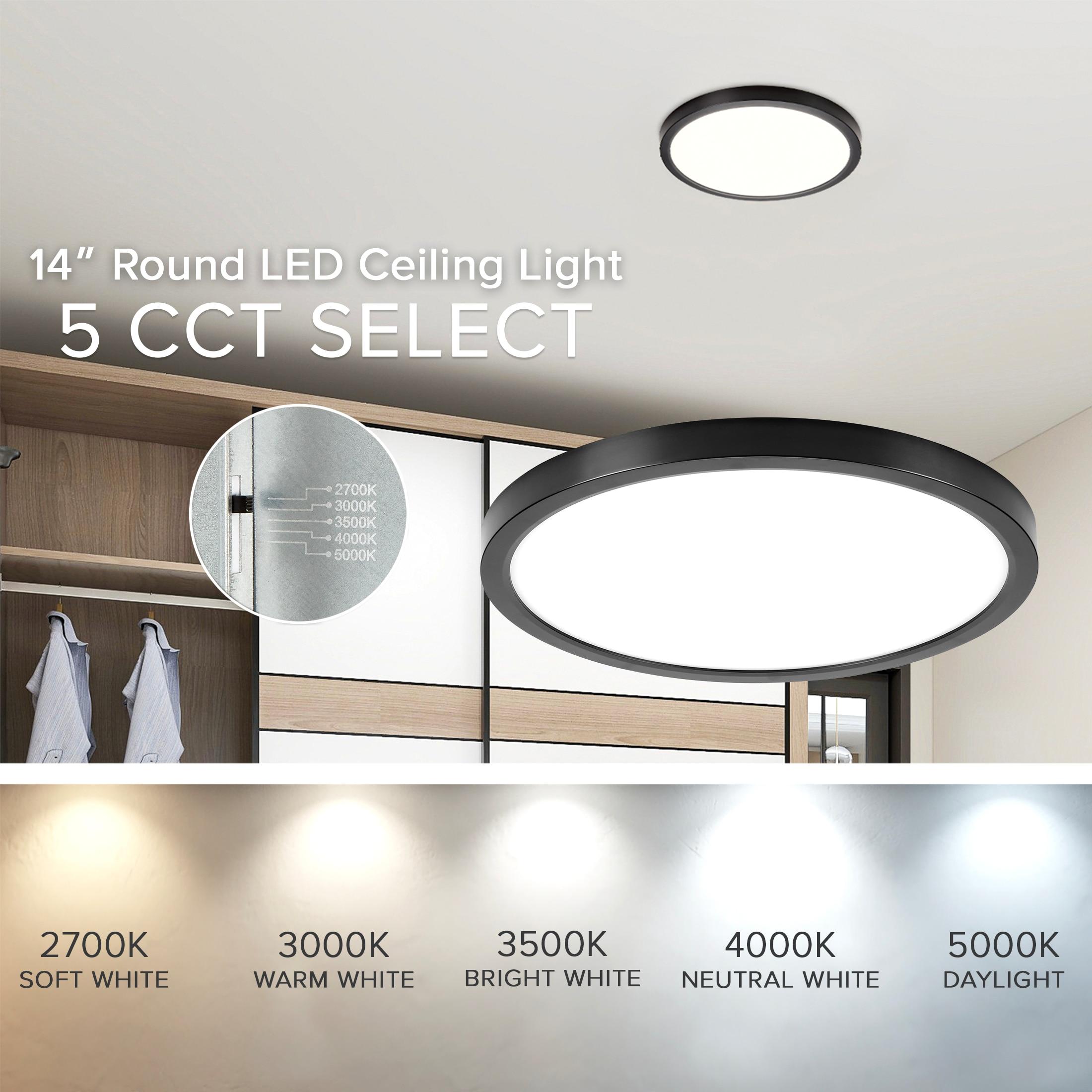 Maxxima 14 in. LED Flush Mount Ceiling Light, 5 CCT 2700K-5000K, 2400 Lumens, Traditional Indoor Black Trim Round Panel Light, Dimmable
