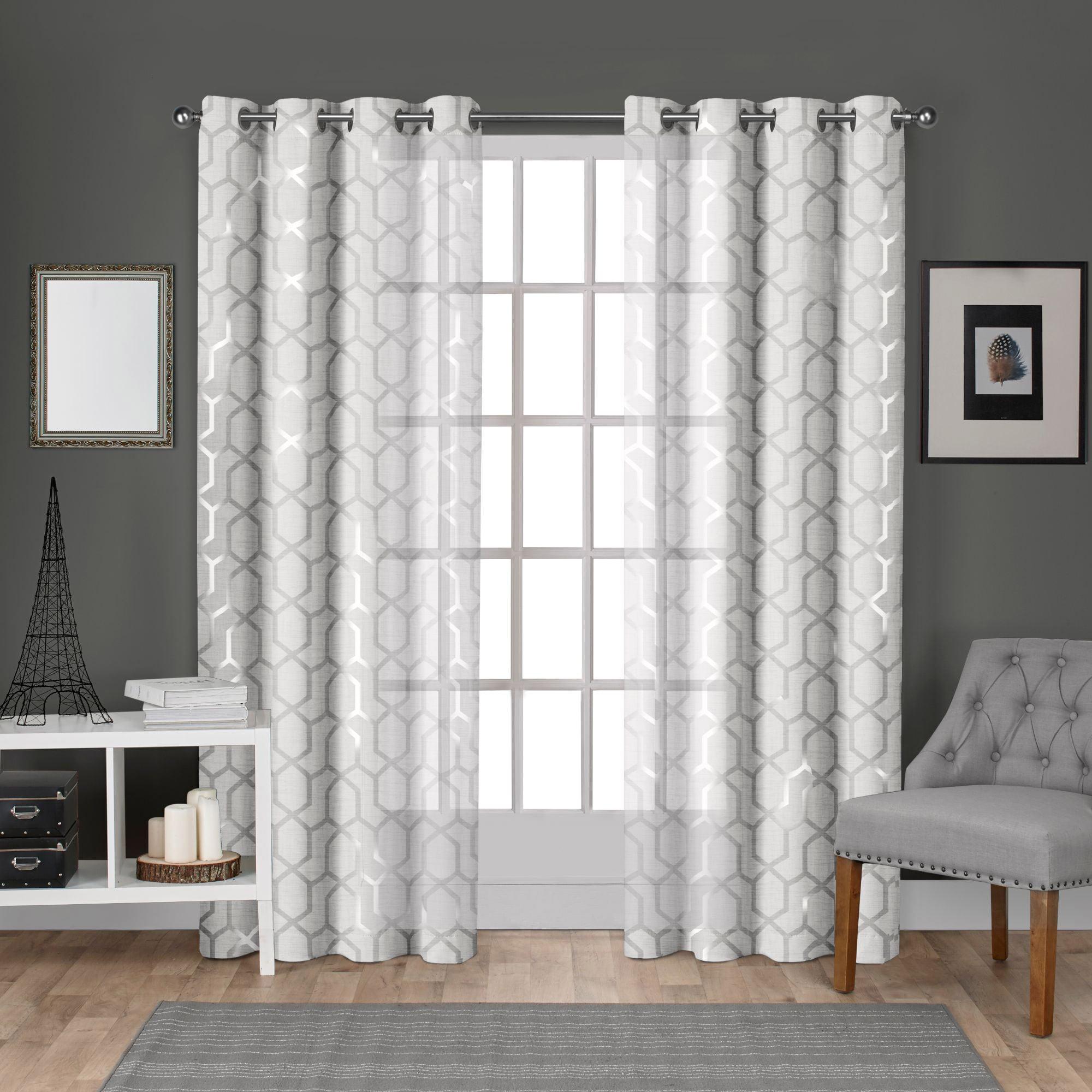 Set of 2 108"x54" Panza Sheer Linen Printed Metallic Geometric Grommet Top Window Curtain Panel White Silver Print - Exclusive Home