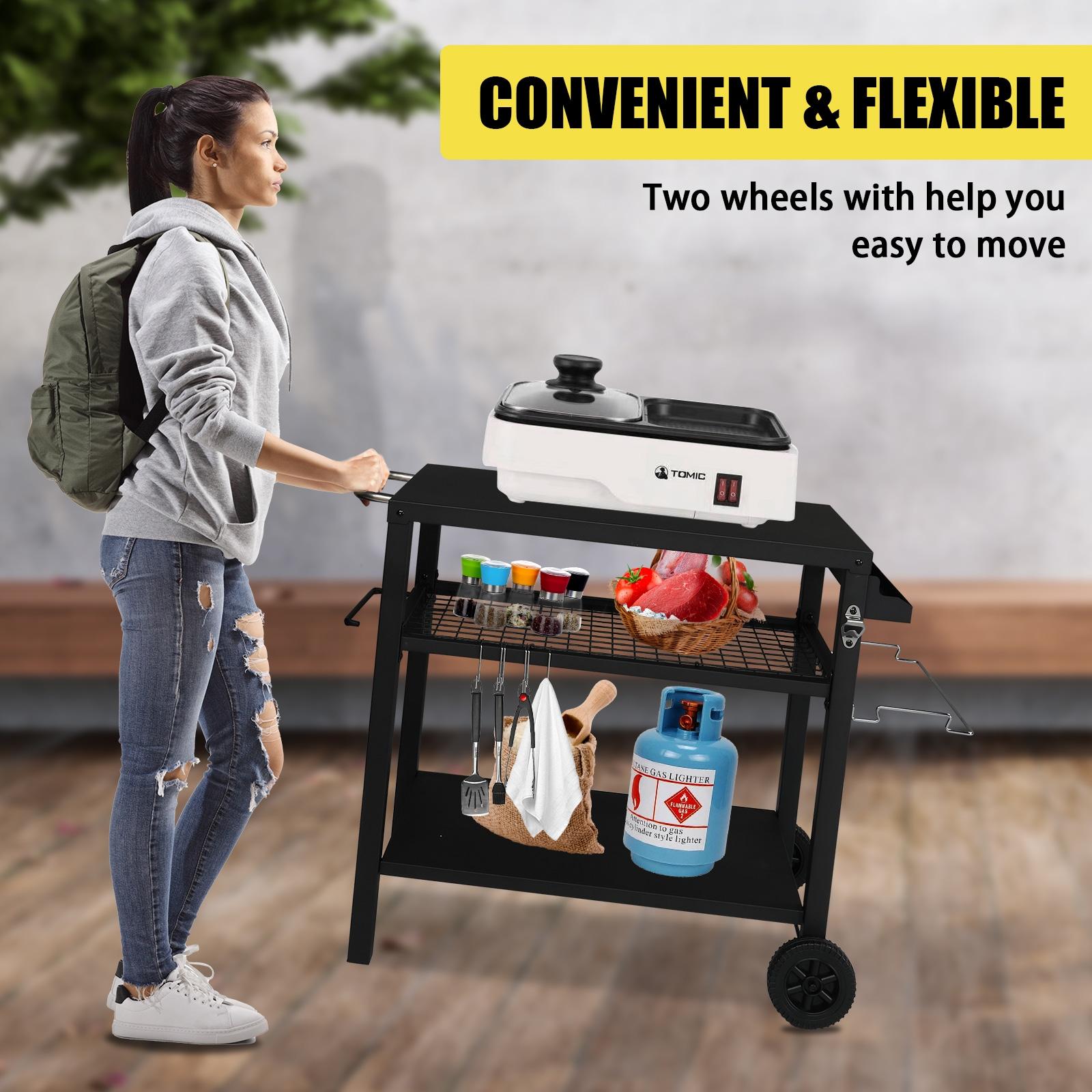 Ktaxon Grill Cart Grill Table Movable Dining Cart Preparation Work Table w/ Wheels & Hooks, Black