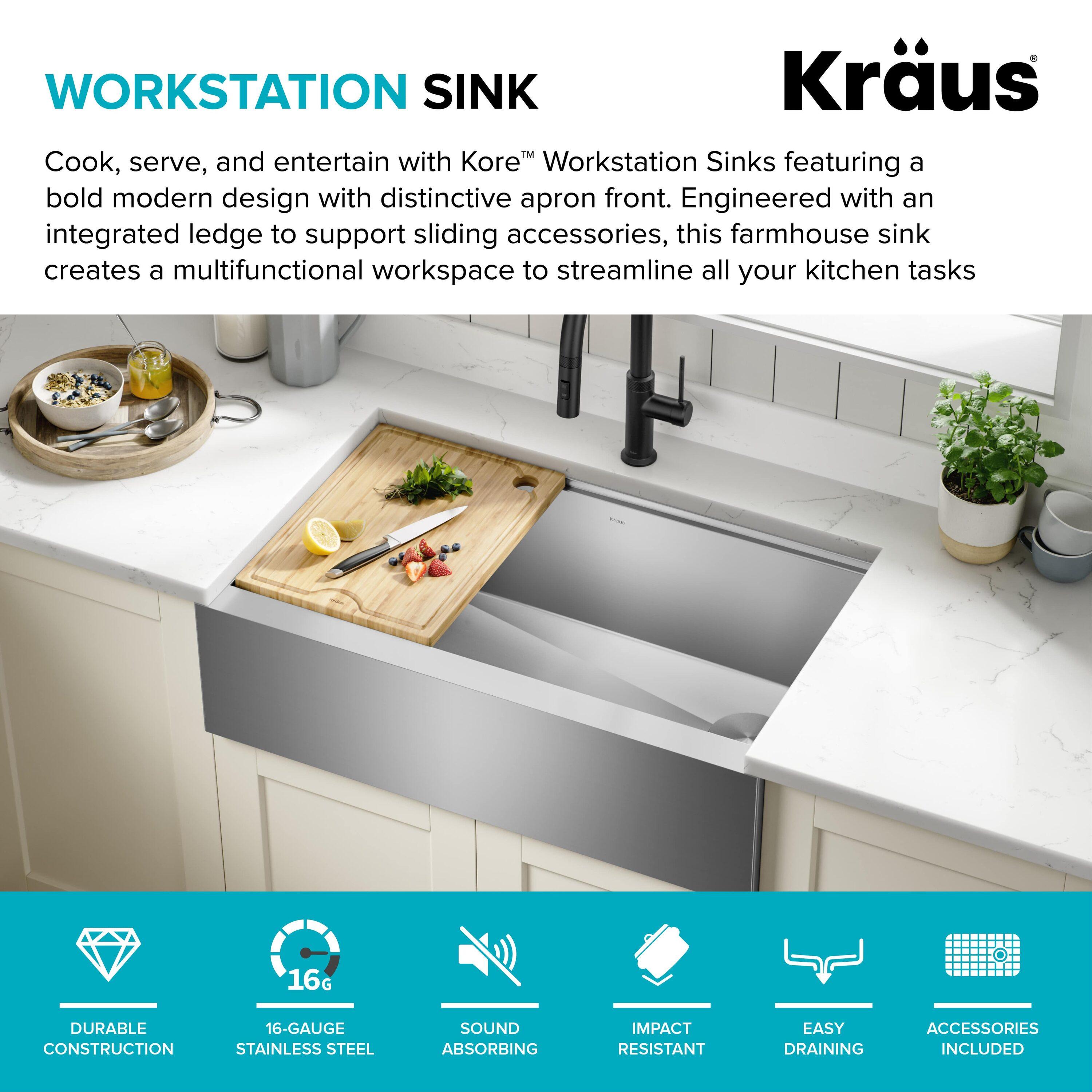 KRAUS® Kore Modern Farmhouse Workstation 16 Gauge Single Bowl Stainless Steel Kitchen Sink with Accessories