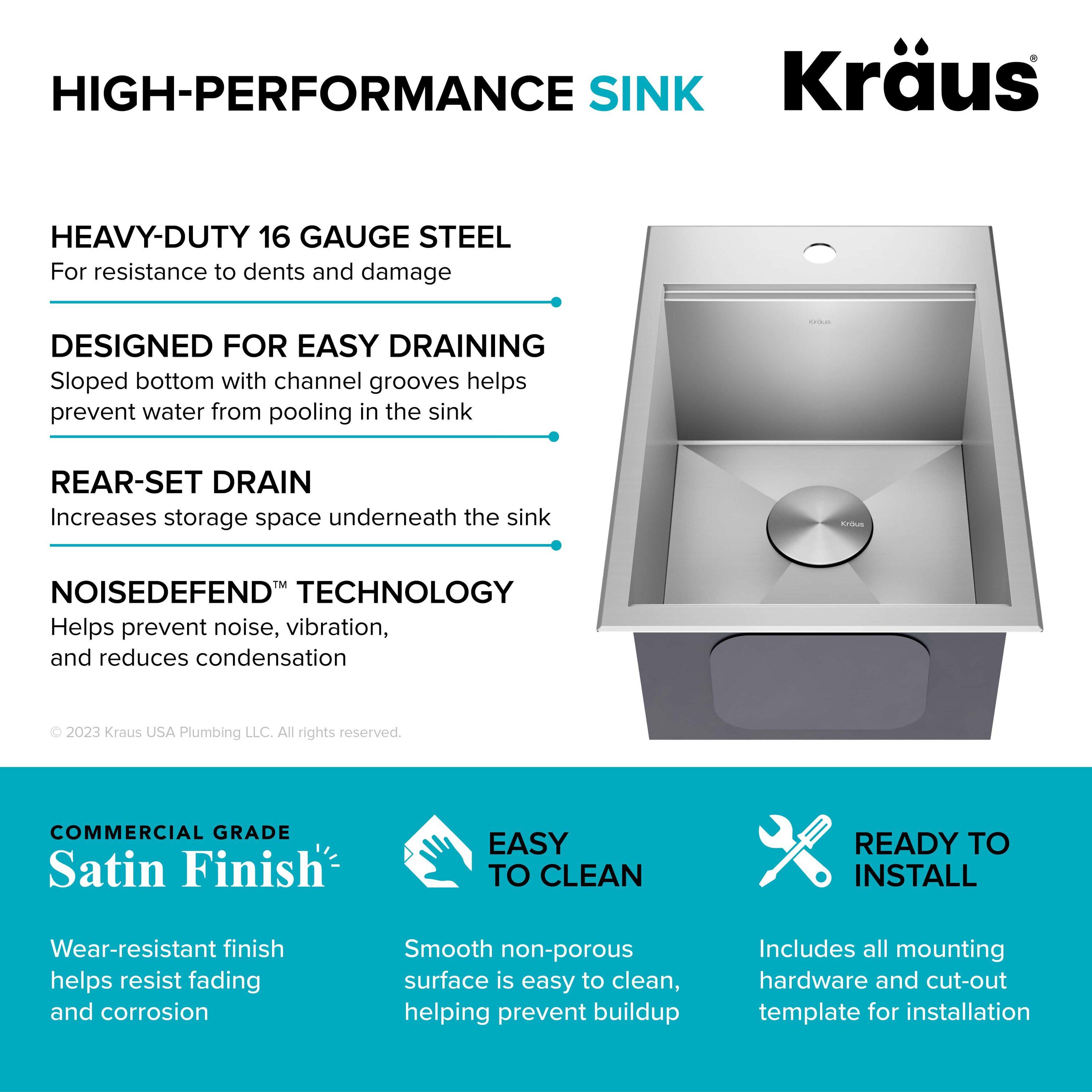 KRAUS® Kore 15" Drop In / Top Mount Workstation 16 Gauge Single Bowl Stainless Steel Bar Kitchen Sink with Accessories