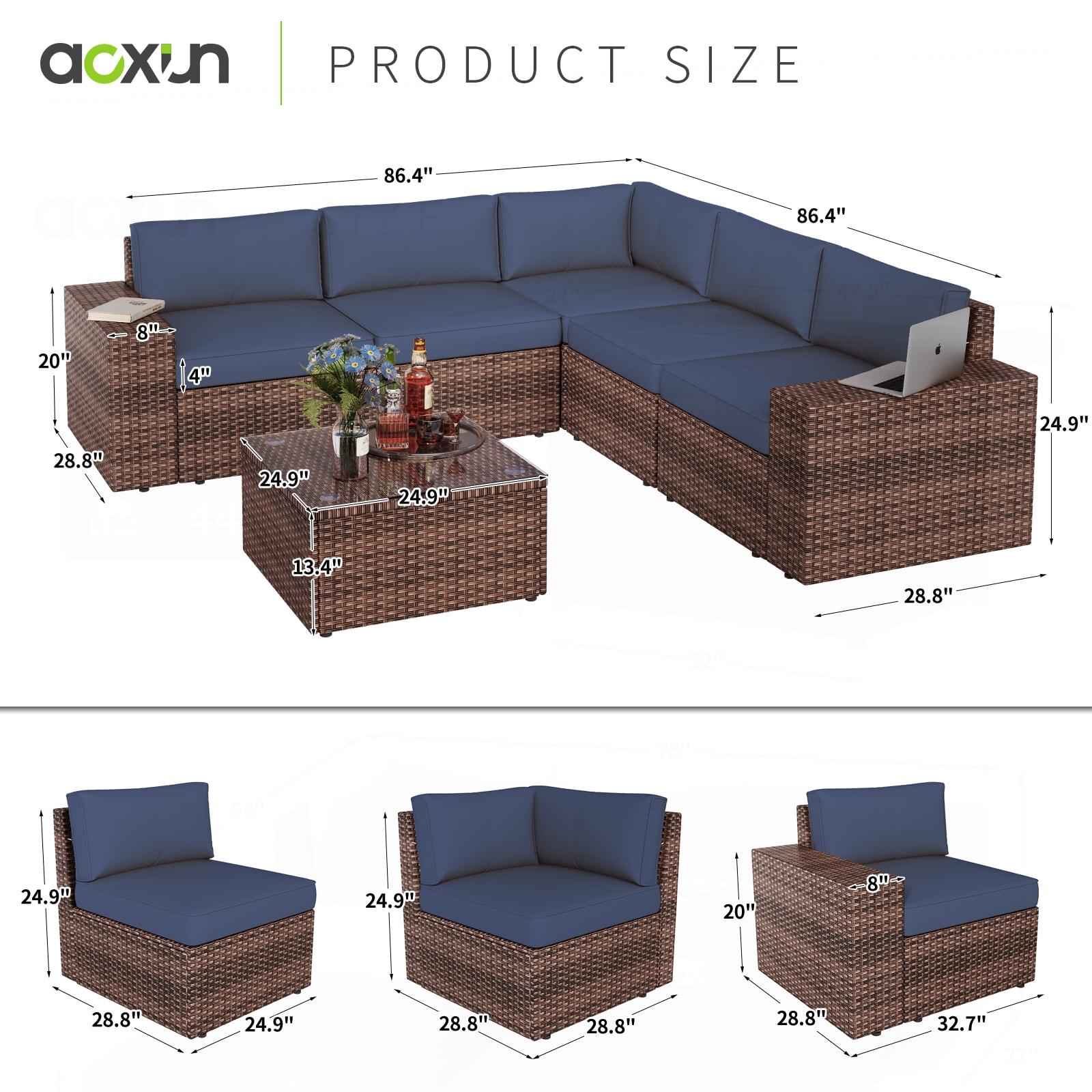 Aoxun Patio 6-Piece Rattan Furniture Set Outdoor Sectional Sofa with Accessories Included, Blue