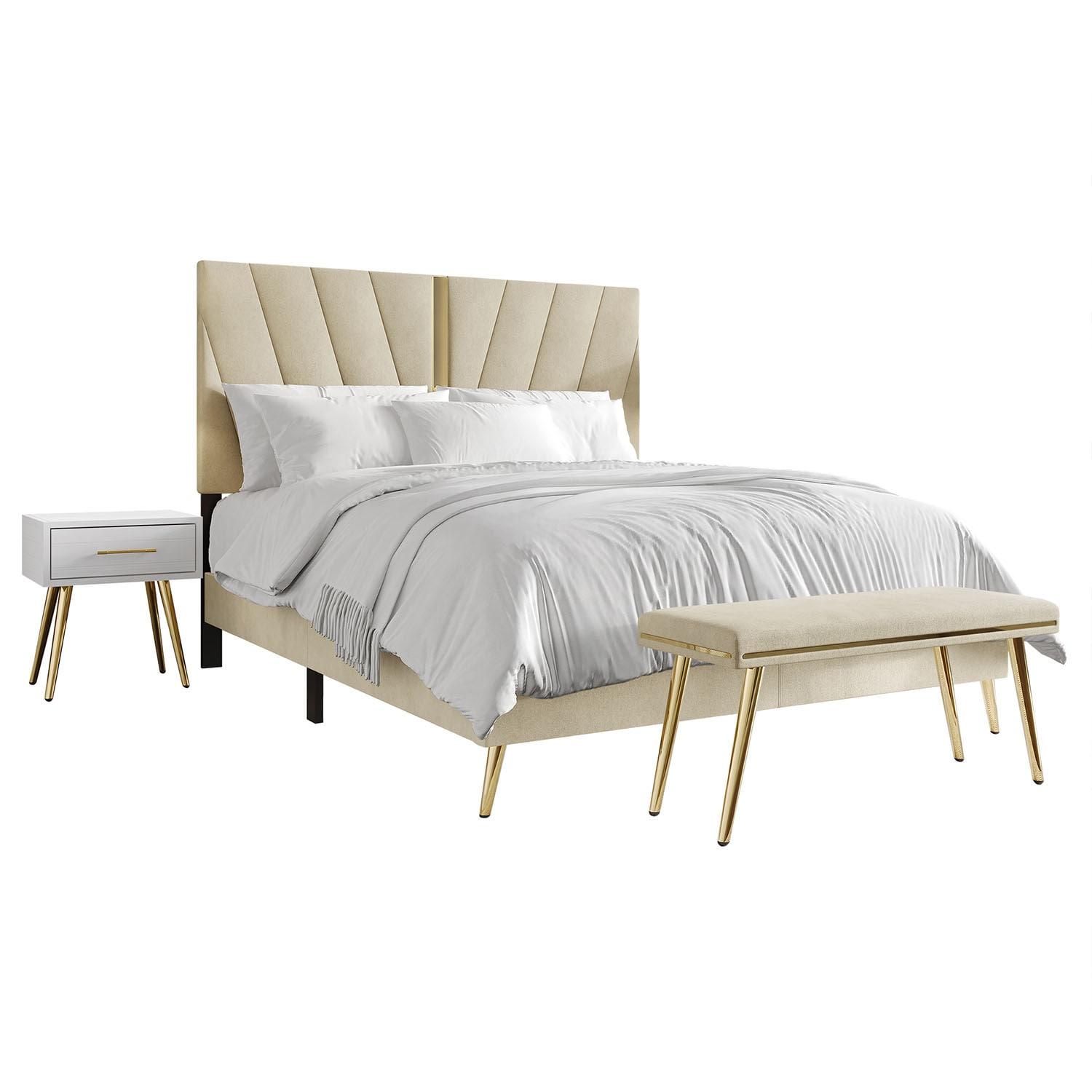 Castle Place Contemporary Velvet Full Upholstered Bed with 2 Nightstand and Bench, Champagne