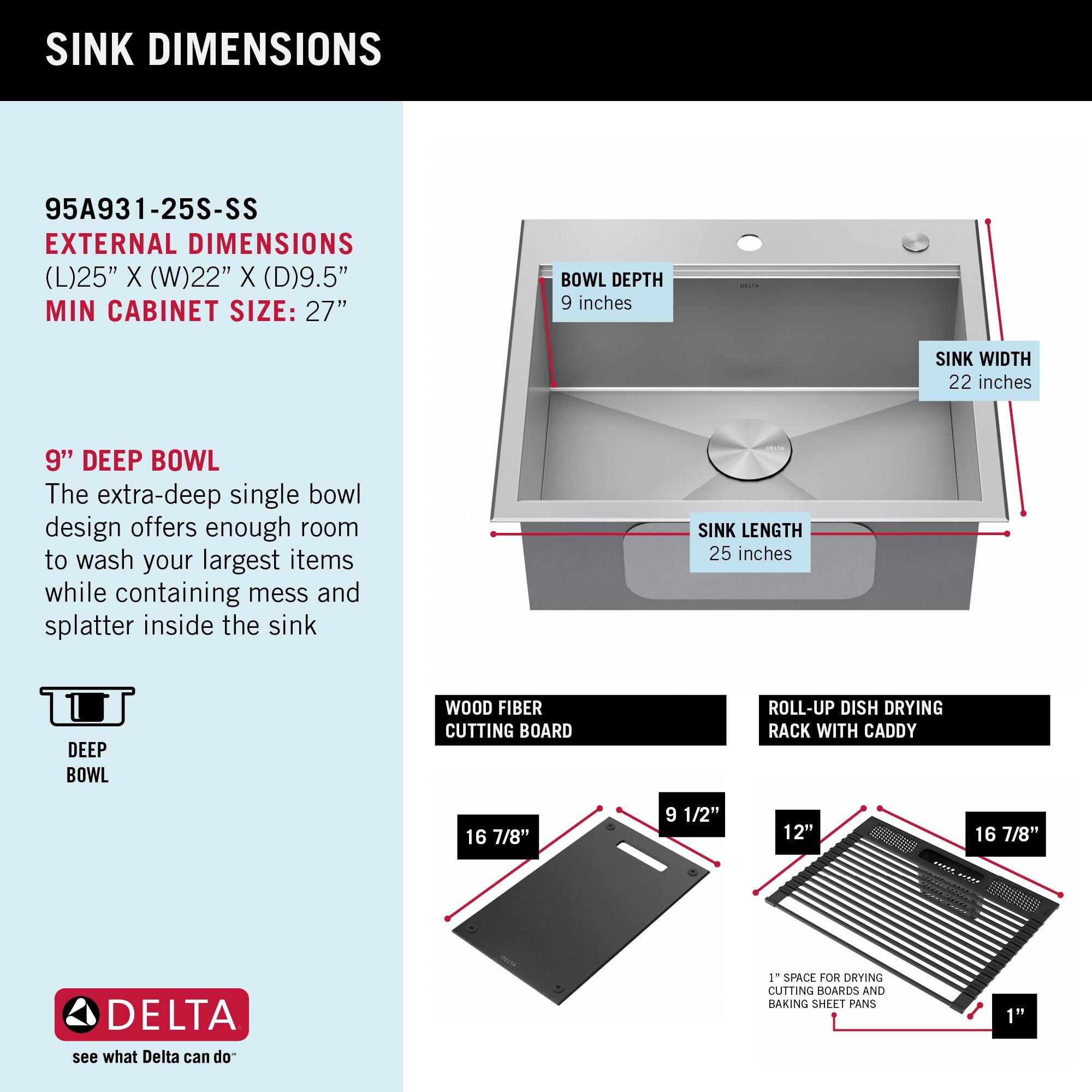 Delta Rivet™ 25" L Workstation Kitchen Sink Drop-In Top Mount 16 Gauge Stainless Steel Single Bowl